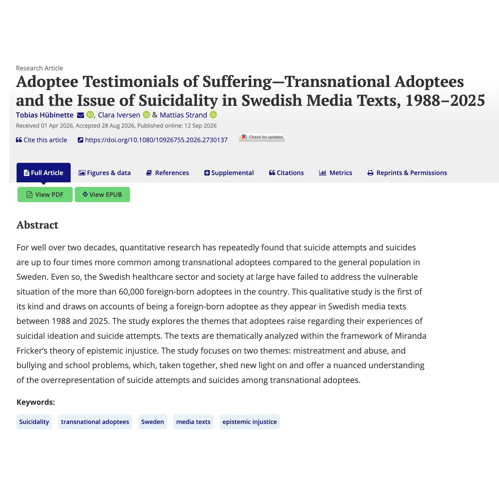 “Adoptee Testimonials of Suffering—Transnational Adoptees and the Issue of Suicidality in Swedish Media Texts, 1988–2025” By Tobias Hübinette, Clara Iversen &amp; Mattias Strand.