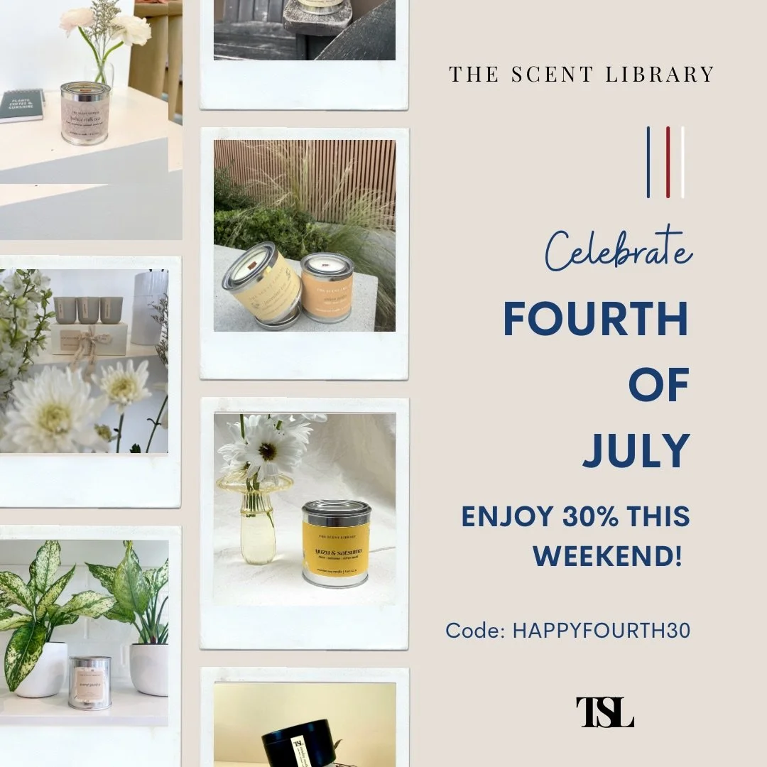 Join the party at The Scent Library this Fourth of July! 🎆 Enjoy a cool 30% off this weekend. Just use code: HAPPYFOURTH30 and treat yourself to your favorite aromas. 🕯️ #FourthOfJuly #TheScentLibrary #SummerVibes #sᴜᴍᴍᴇʀᴠɪʙᴇs #candlelovers