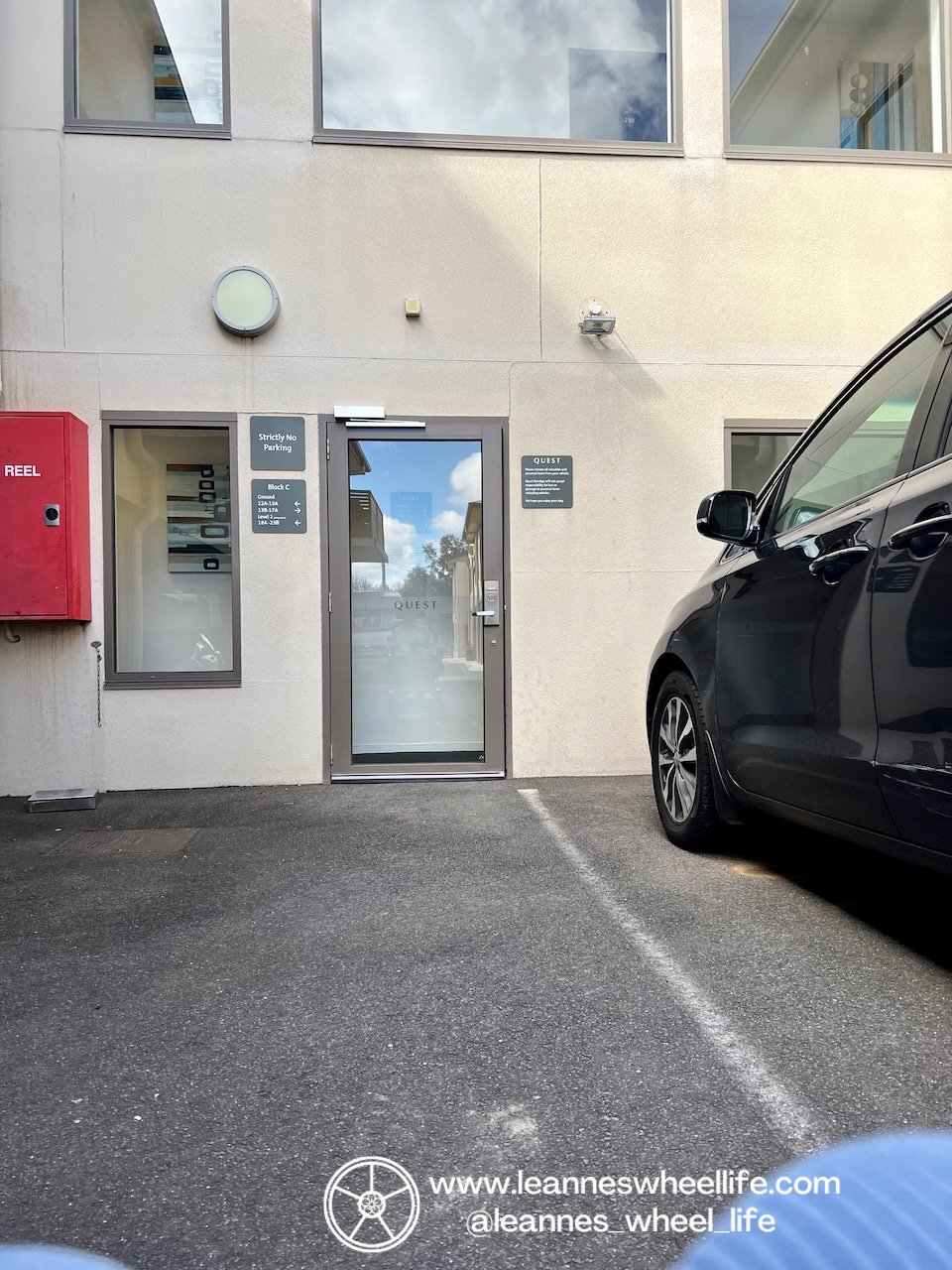Accessible parking bay next to the main door to the accessible apartments