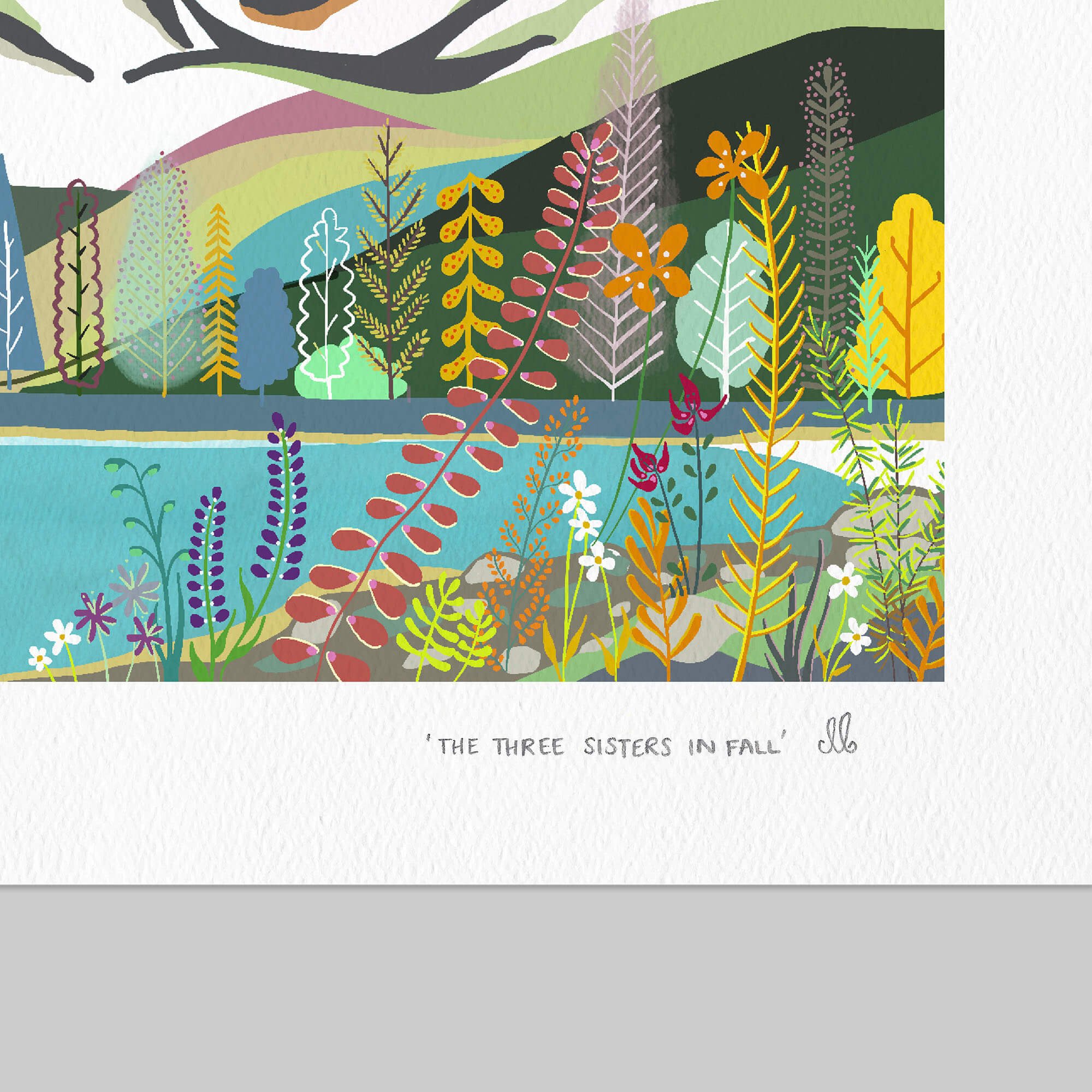 Crop into The Three Sisters in Fall art print showing the hand-written title and artist's signature