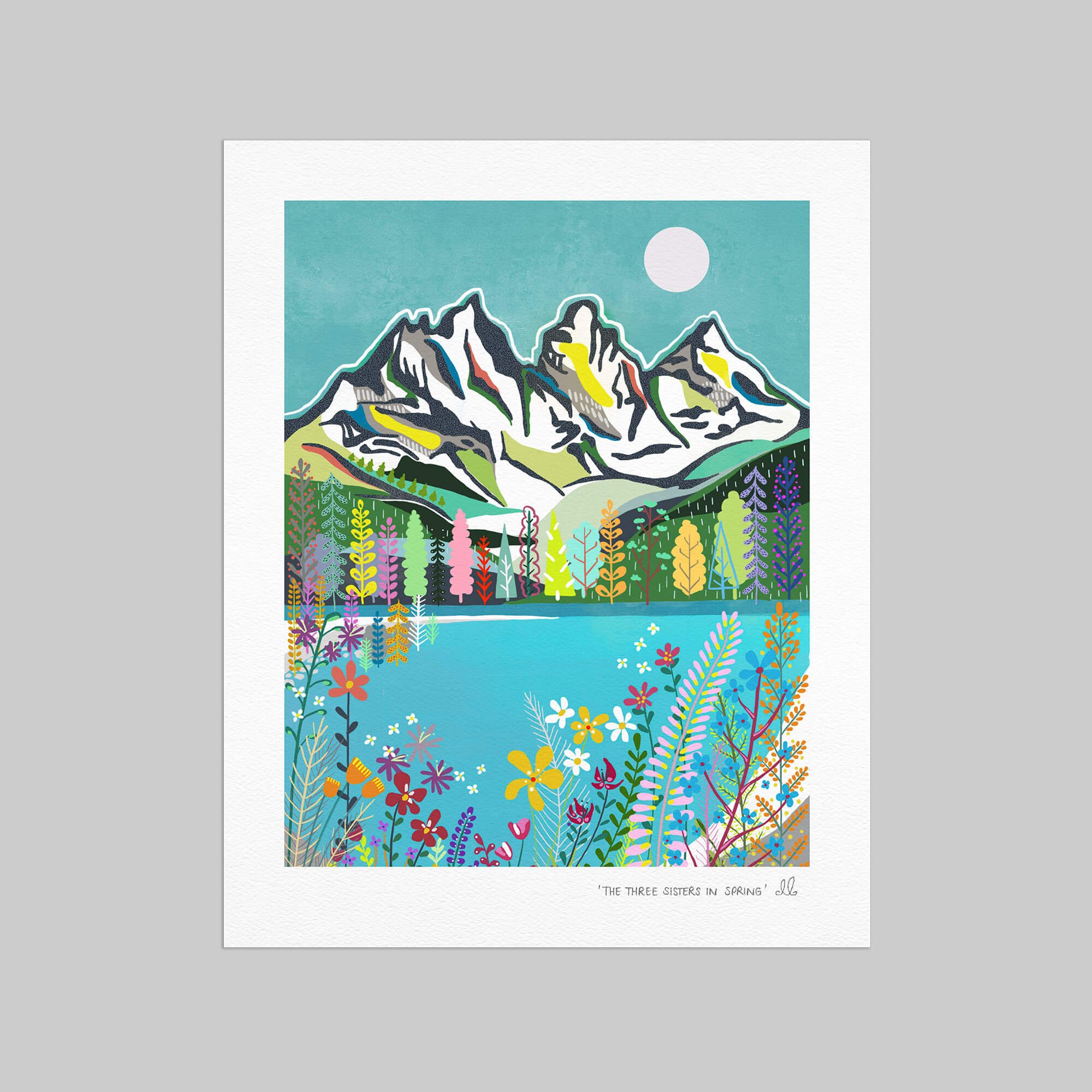 The Three Sisters in Spring art print on a grey background