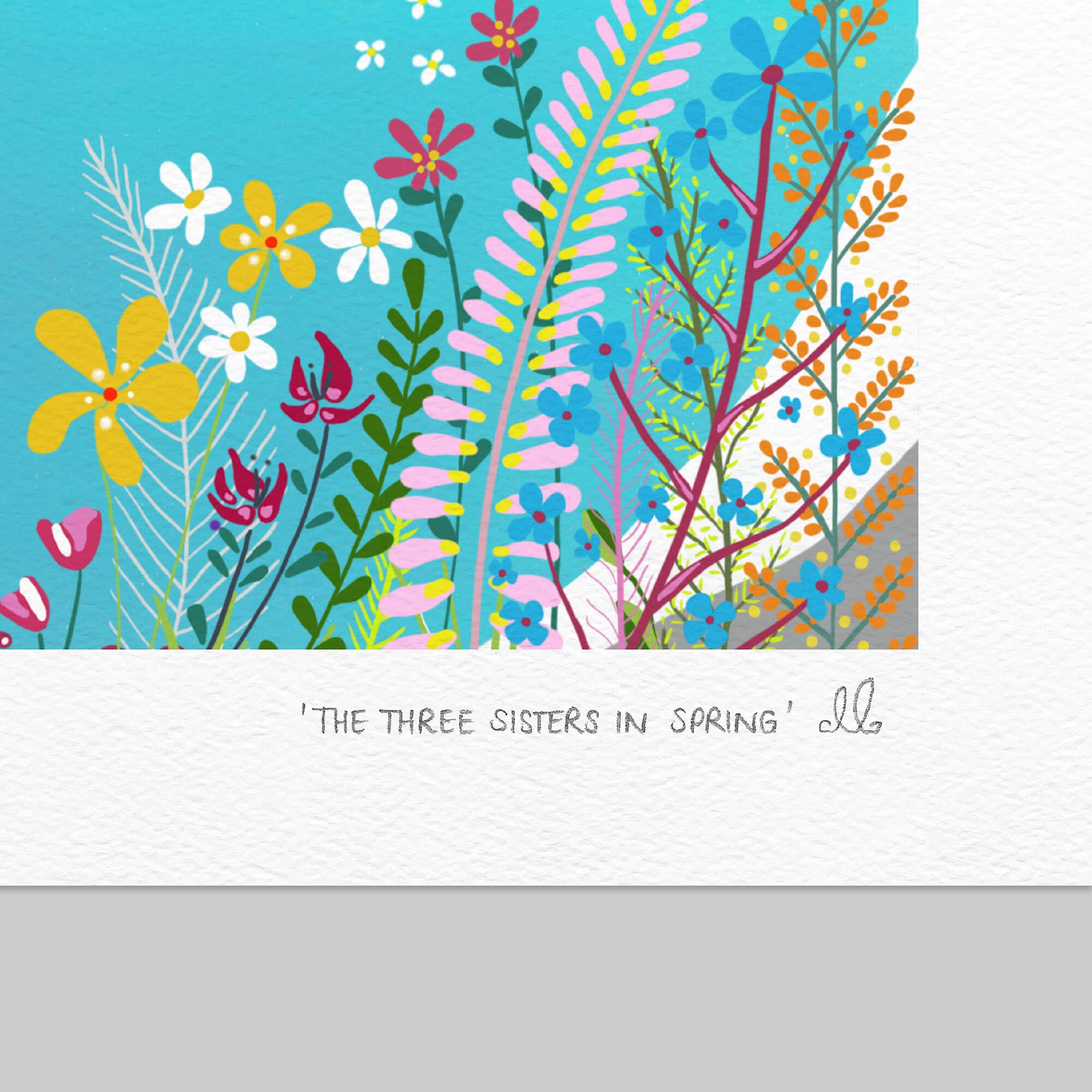 Crop into The Three Sisters in Spring art print showing the hand-written title and artist's signature