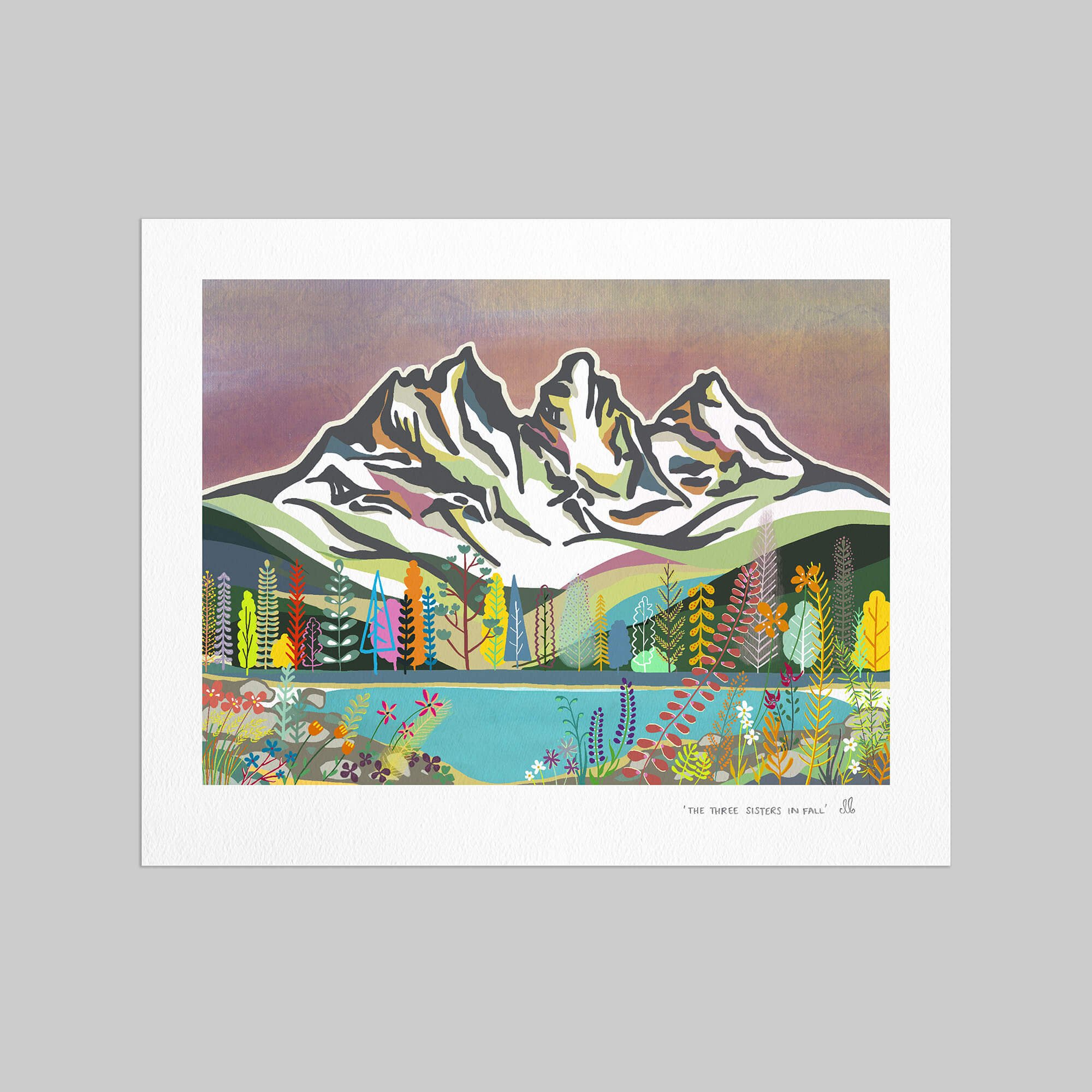 The Three Sisters in Fall art print on a grey background