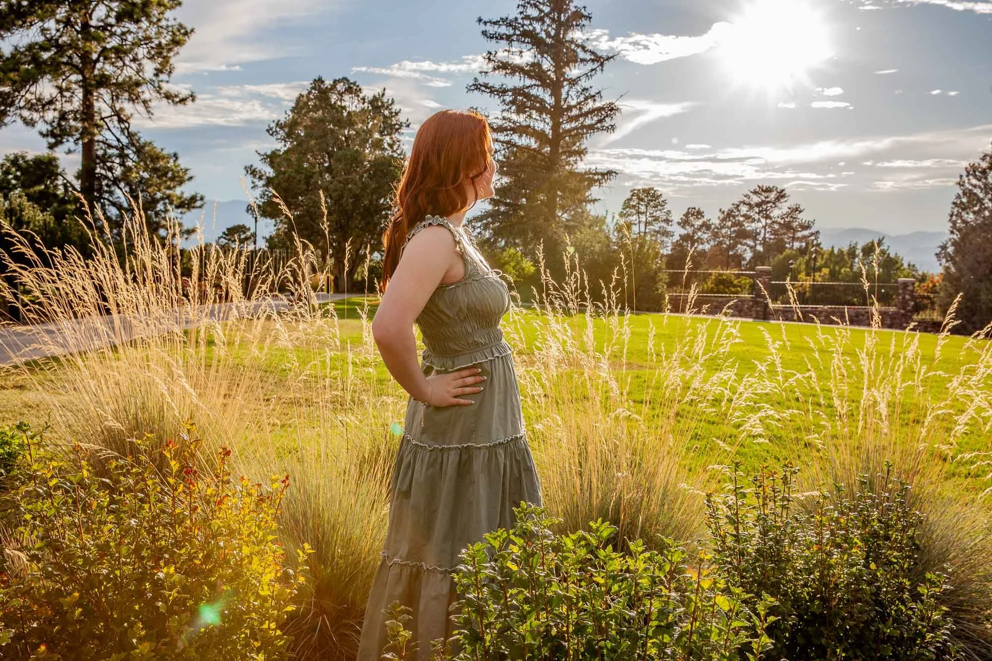 A woman with red hair standing in a field of tall grasses and plants, gazing into the distance, with the sun setting or rising behind her, creating a warm glow and a scenic landscape in the background.