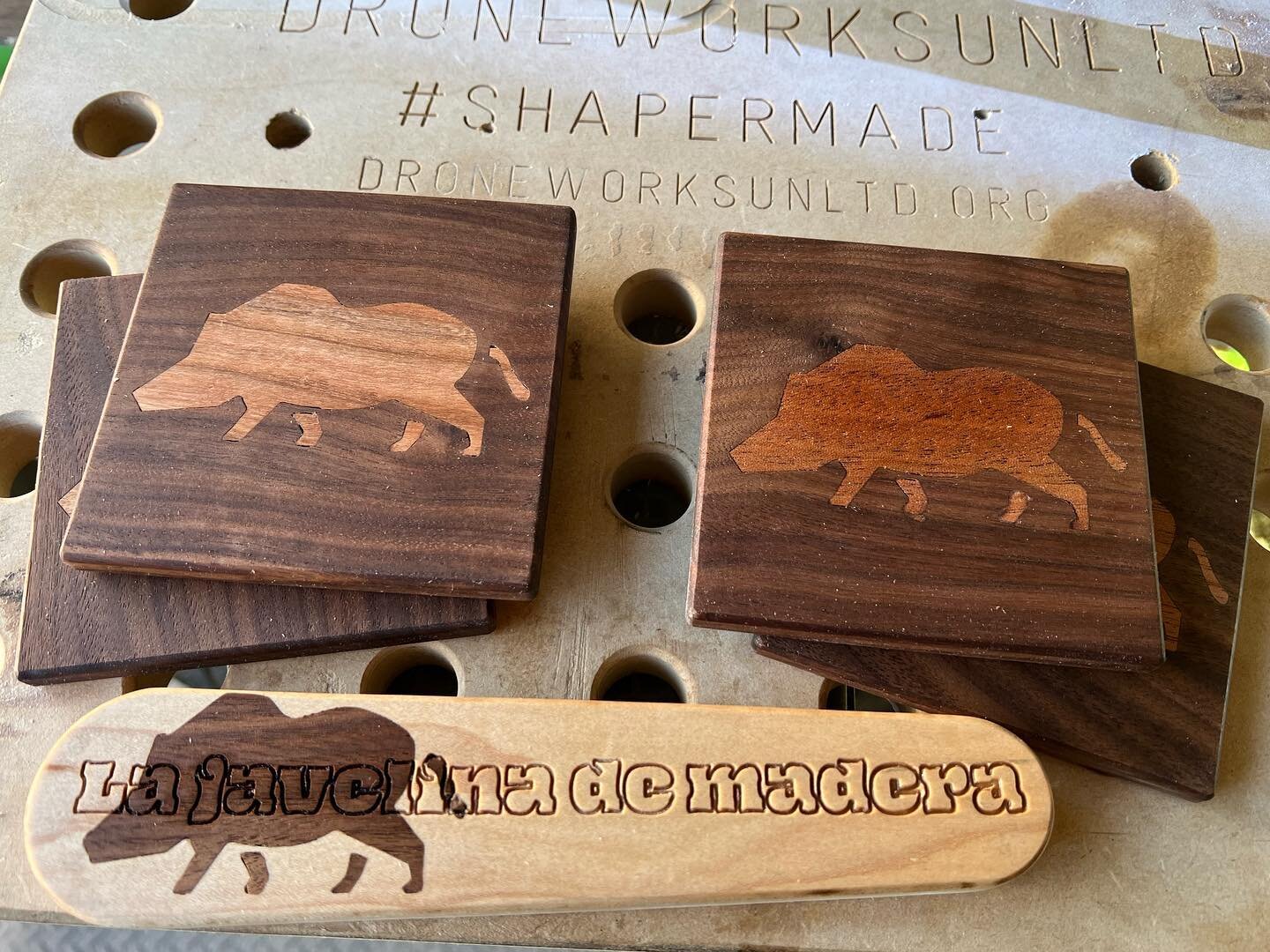 Inlaid coasters and matching bottle opener for my shop. You can&rsquo;t have your cold beer dripping all over your work. These are mixtures of #walnut #maple and #mahogany 
DM for some custom woodwork of your own. Don&rsquo;t have a design?  We can d