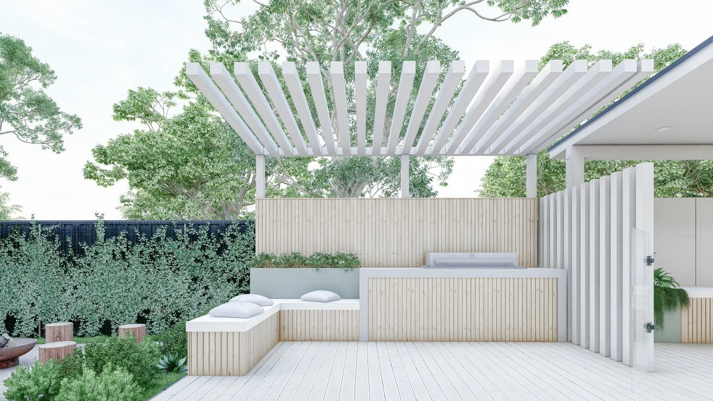 Integrated outdoor living at its best, the barbecue is thoughtfully positioned between the pool and firepit, creating a seamless connection between cooking and gathering. A contemporary mix of materials adds subtle texture and visual interest through