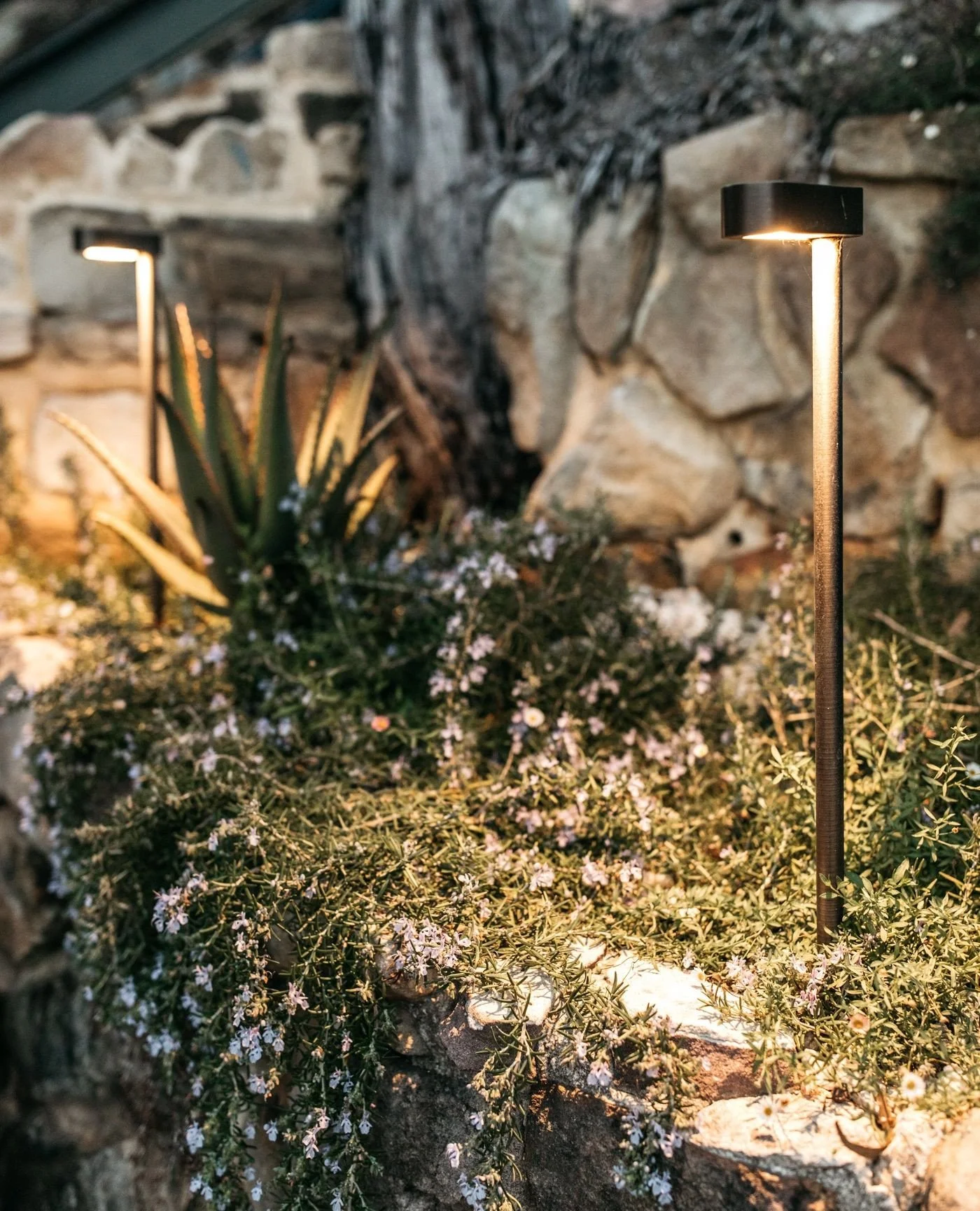 The Bronze Linear Path Lights have been carefully placed to wash warm light over planting and pathways, creating both ambiance and practicality. Over time, the bronze finish gracefully develops a soft green patina, adding character and charm to your 