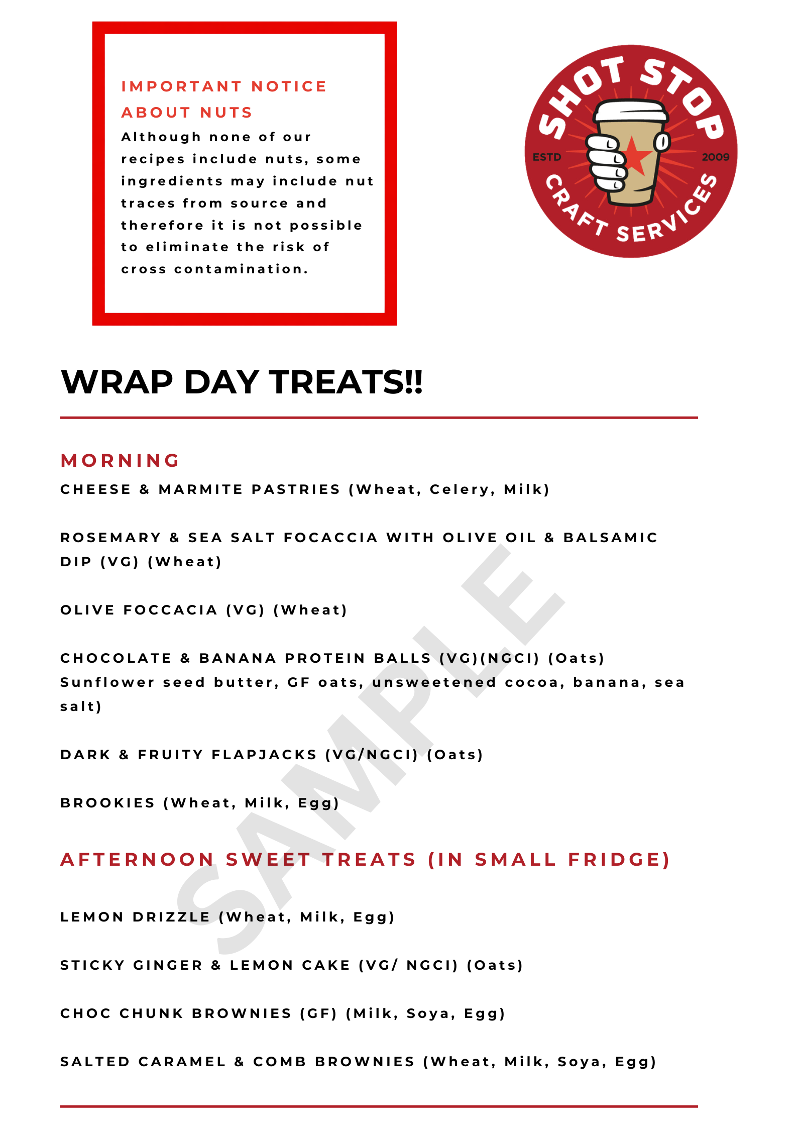 Sample Shot Stop craft services menu showing a selection of speciality coffees, fresh food, homemade bakes, seasonal fruit and refreshments available for Film & TV productions.