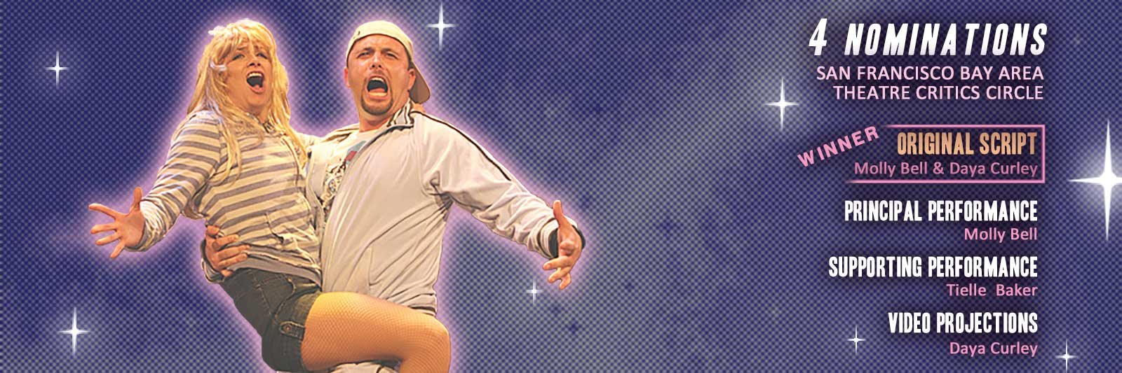 Two people on a stage, with a starry backdrop, appear to be performing or speaking, with promotional text listing nominations and performances for an event.