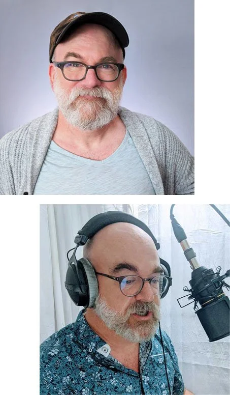 Mark Messersmith smiling in top picture and on mic inside booth in second picture