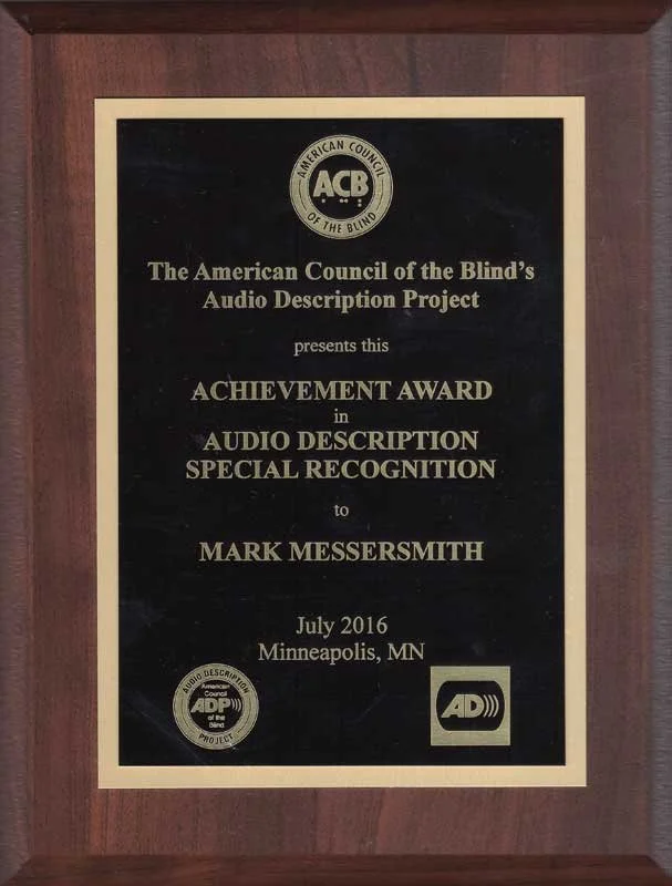 The American Council for the Blind plaque awarded to Mark Messersmith in 2016