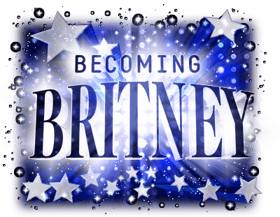 A decorative sign with the words 'Becoming Britney' written on it, surrounded by stars and sparkling lights in a blue and white color scheme.