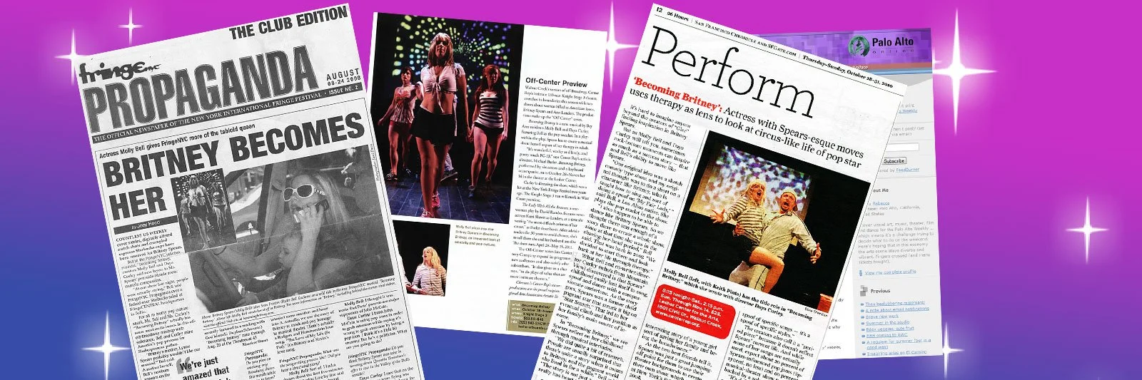Three newspapers with articles about Britney Spears, one in black and white and two in color, with photos of her performing and young children on stage, set against a purple background with white star accents.