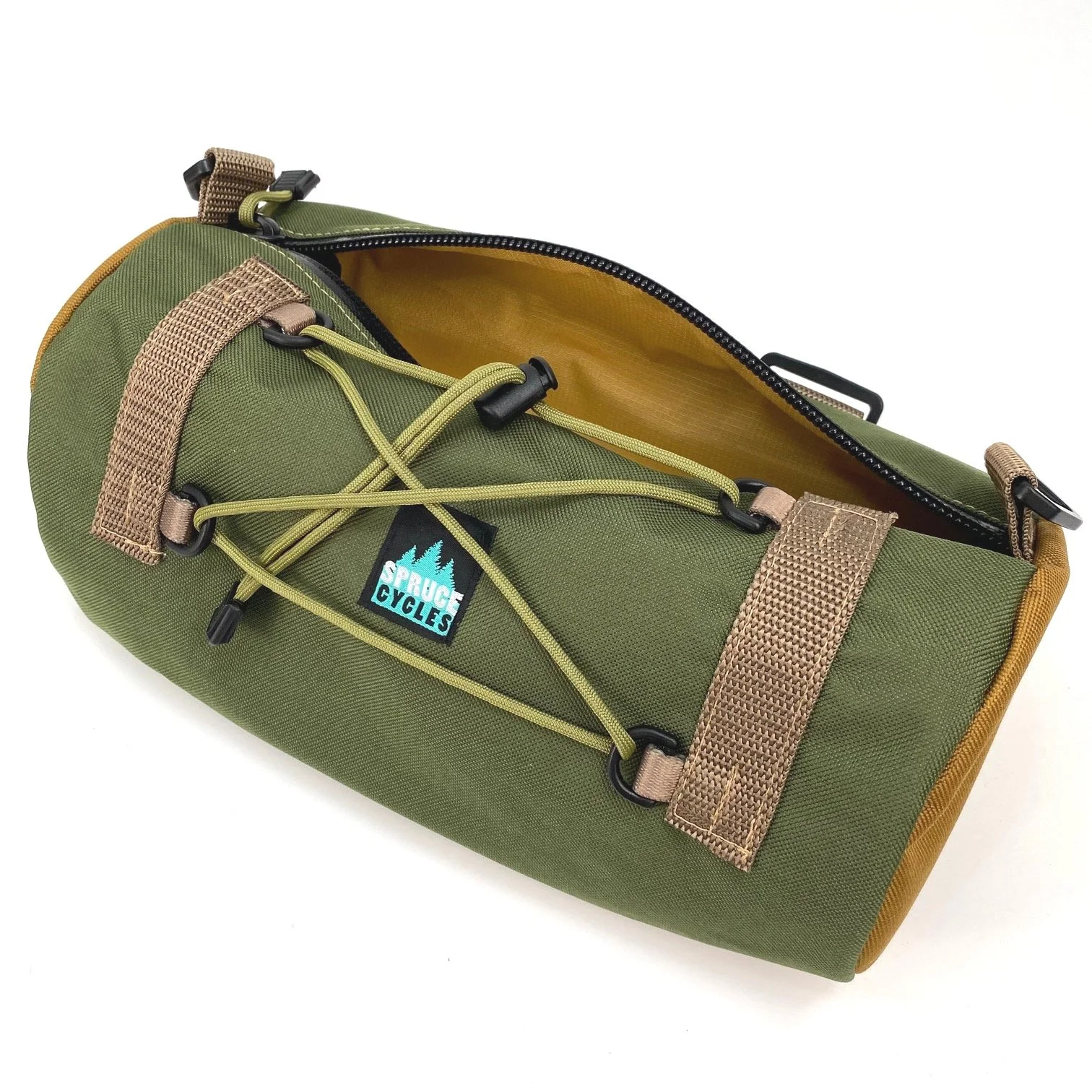 Green bicycle saddlebag with tan straps and logo, open to show yellow interior lining.