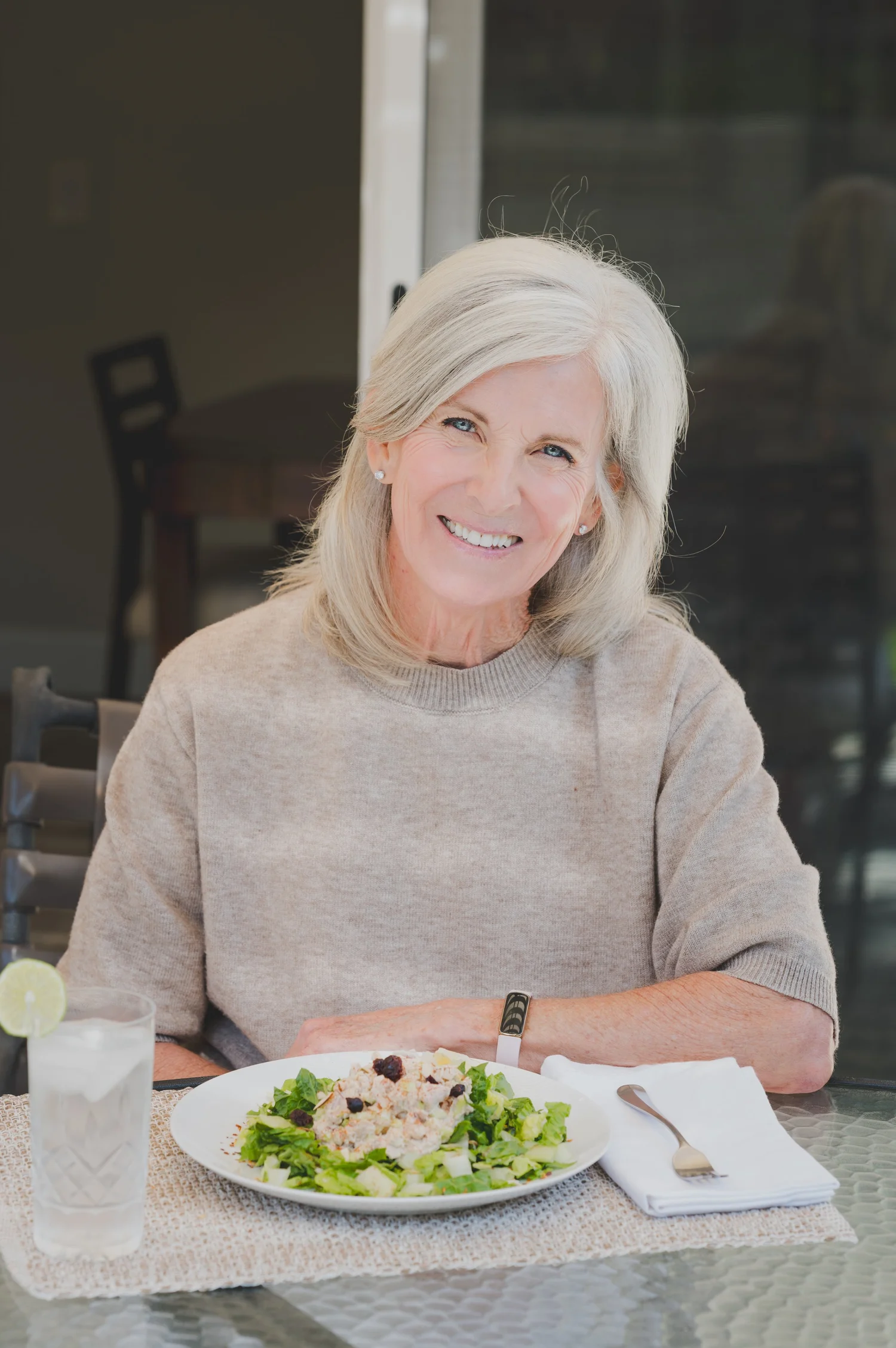 Jacqui Garrison at lunch with a salad