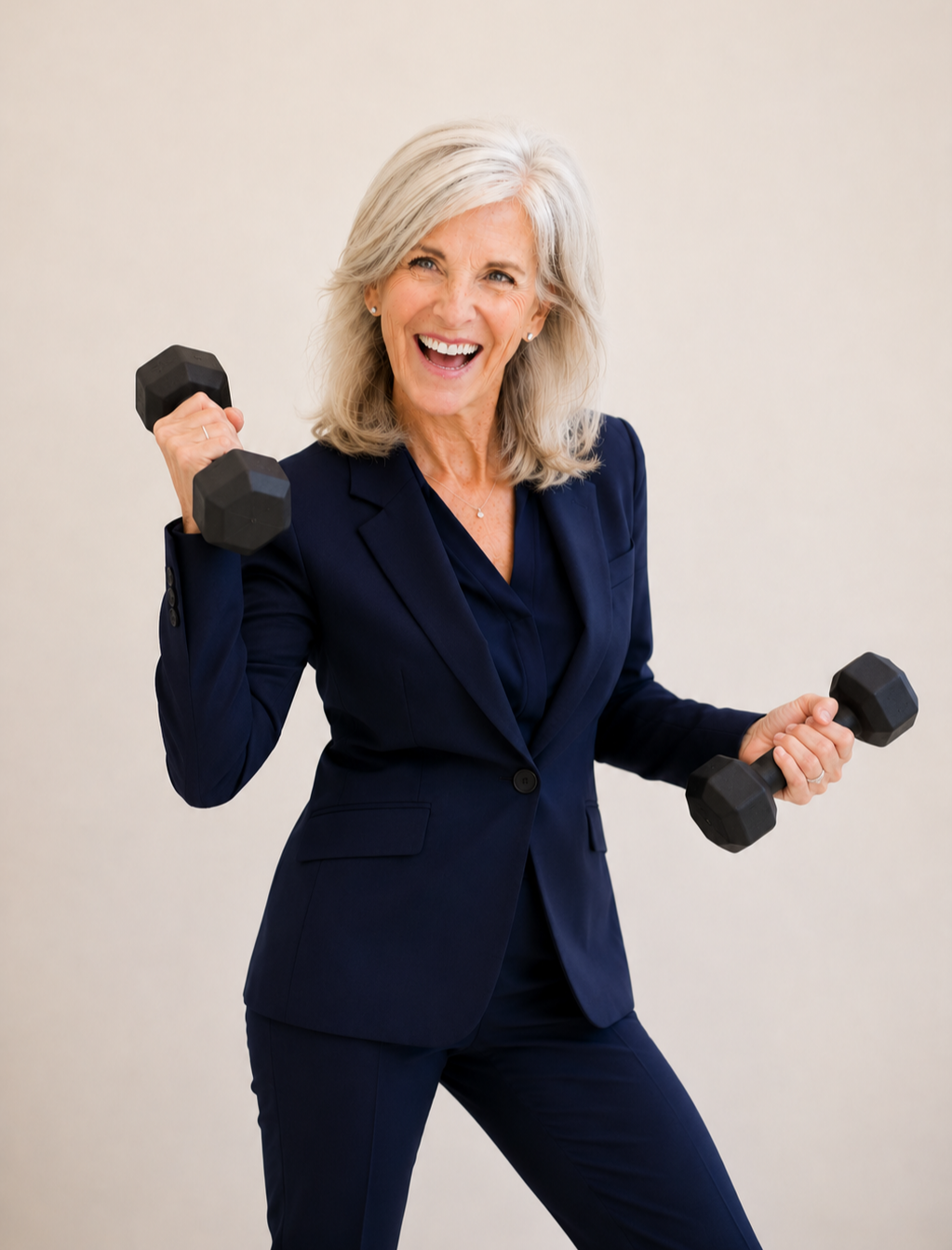 Jacqui Garrison in a navy suit holding dumbbells