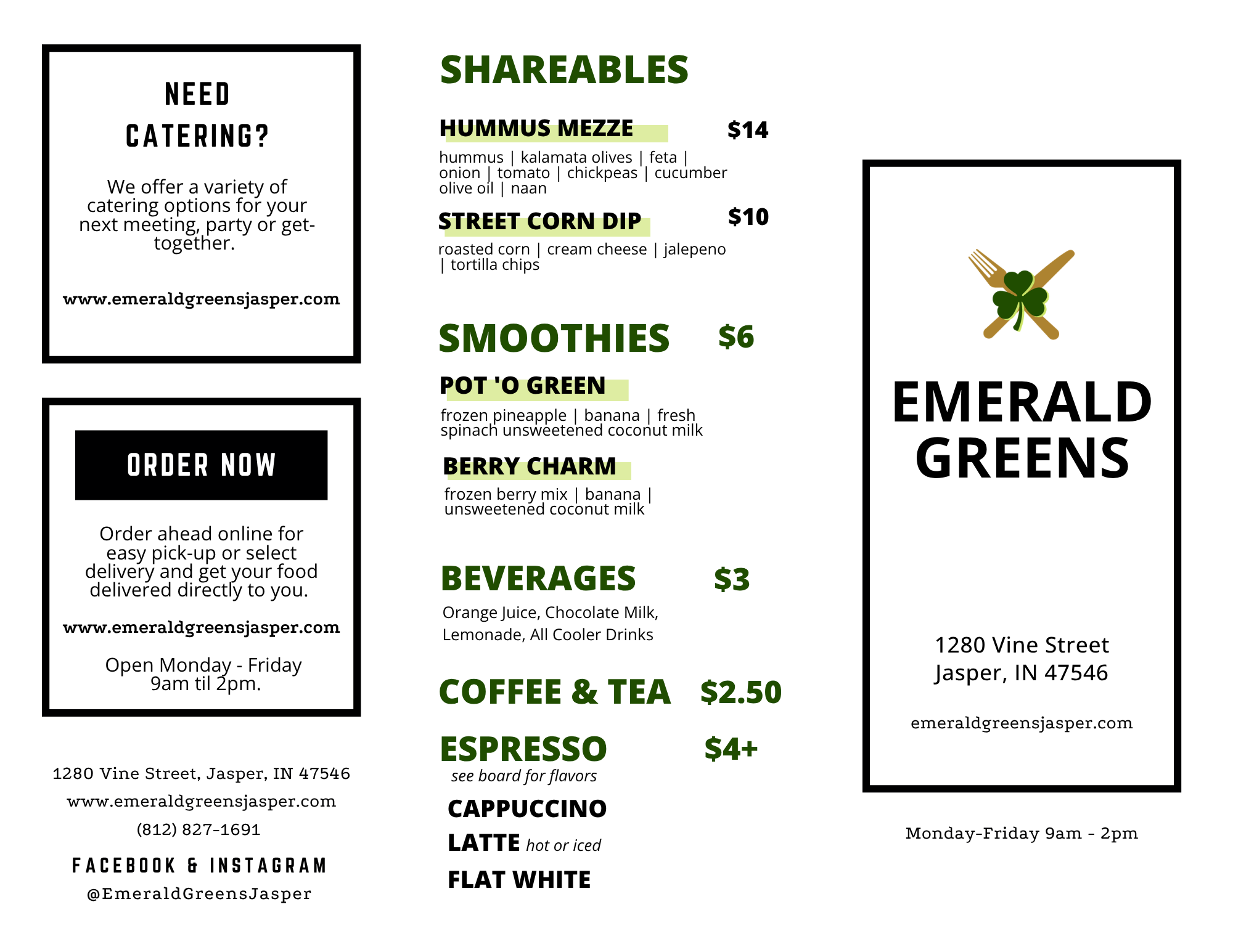 A restaurant menu advertising various shareable food options, smoothies, beverages, and coffee drinks, with contact information and hours of operation.
