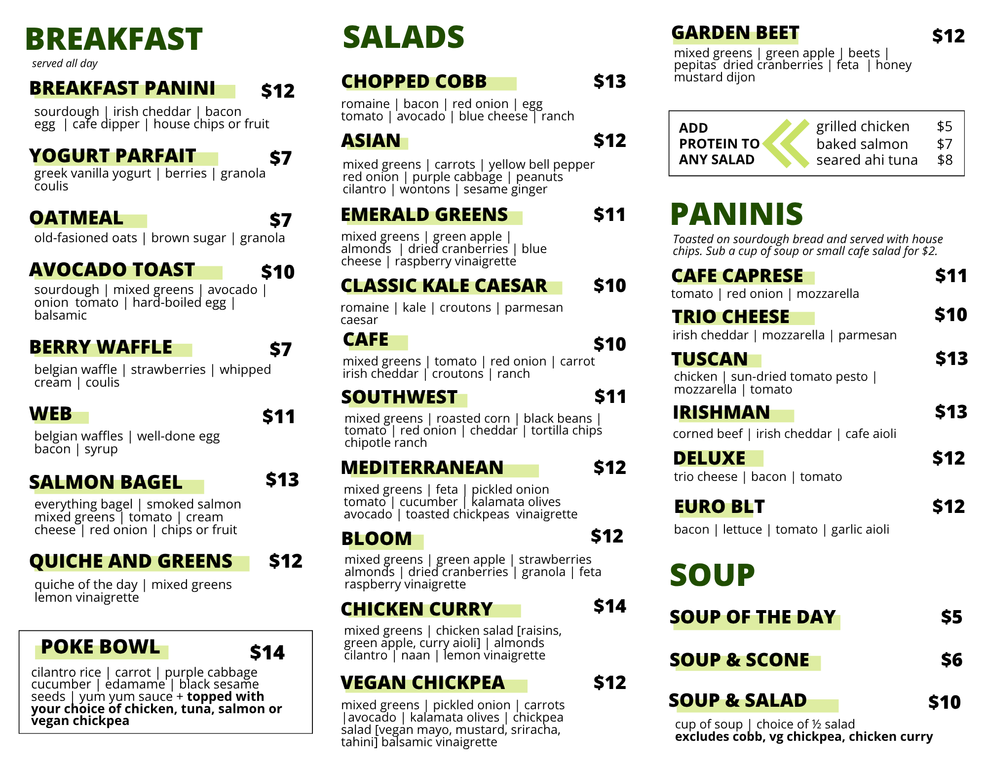 A menu featuring breakfast items such as breakfast panini, yogurt parfait, oatmeal, avocado toast, berry waffle, salmon bagel, and various salads, soft drinks, and soups, with prices listed for each.