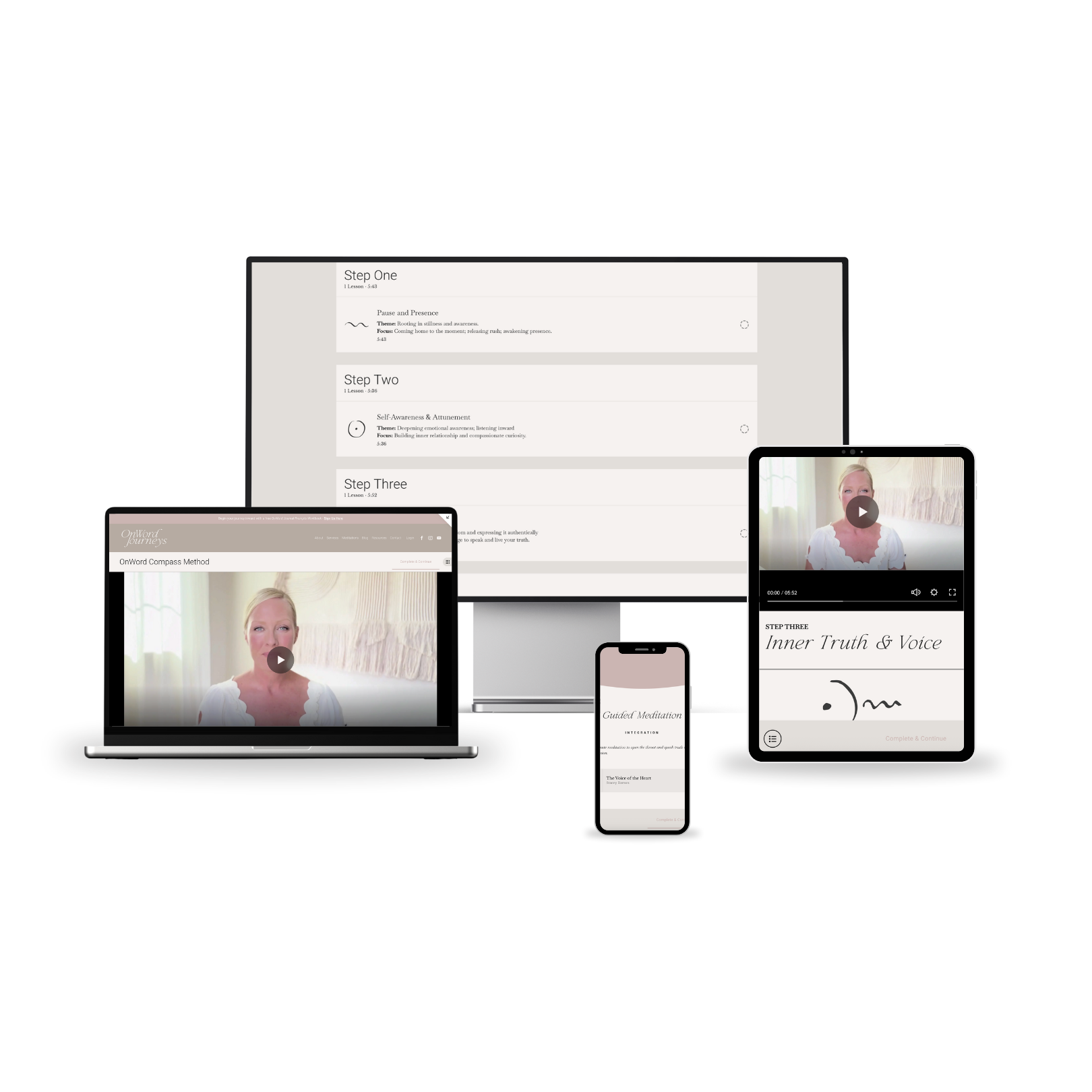 Multiple electronic devices displaying wellness and meditation content, including a desktop computer, a laptop, a tablet, and a smartphone, with videos and guided meditation programs.