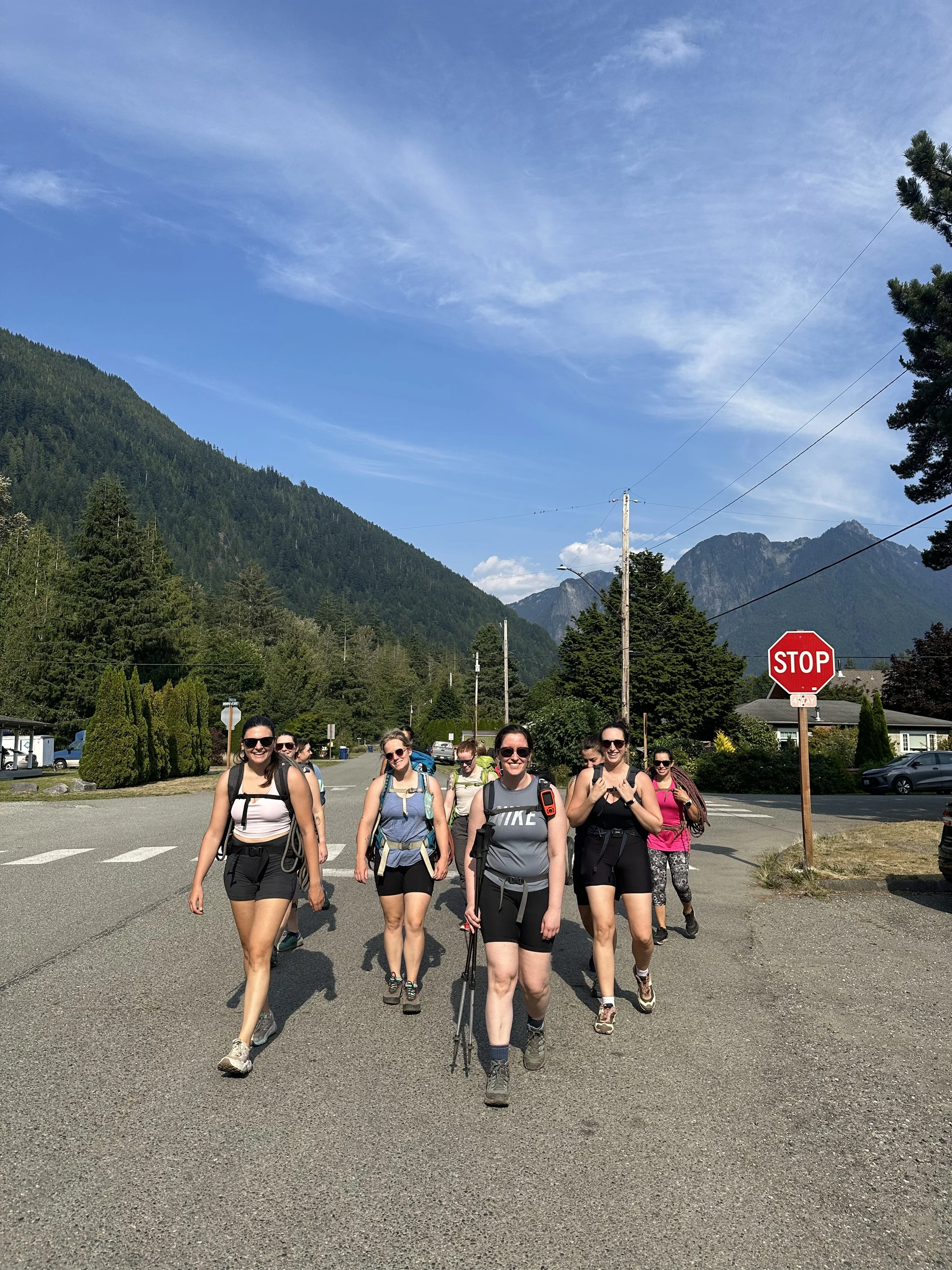 The Index climbing crew heading to the crag on a Tuesday afternoon