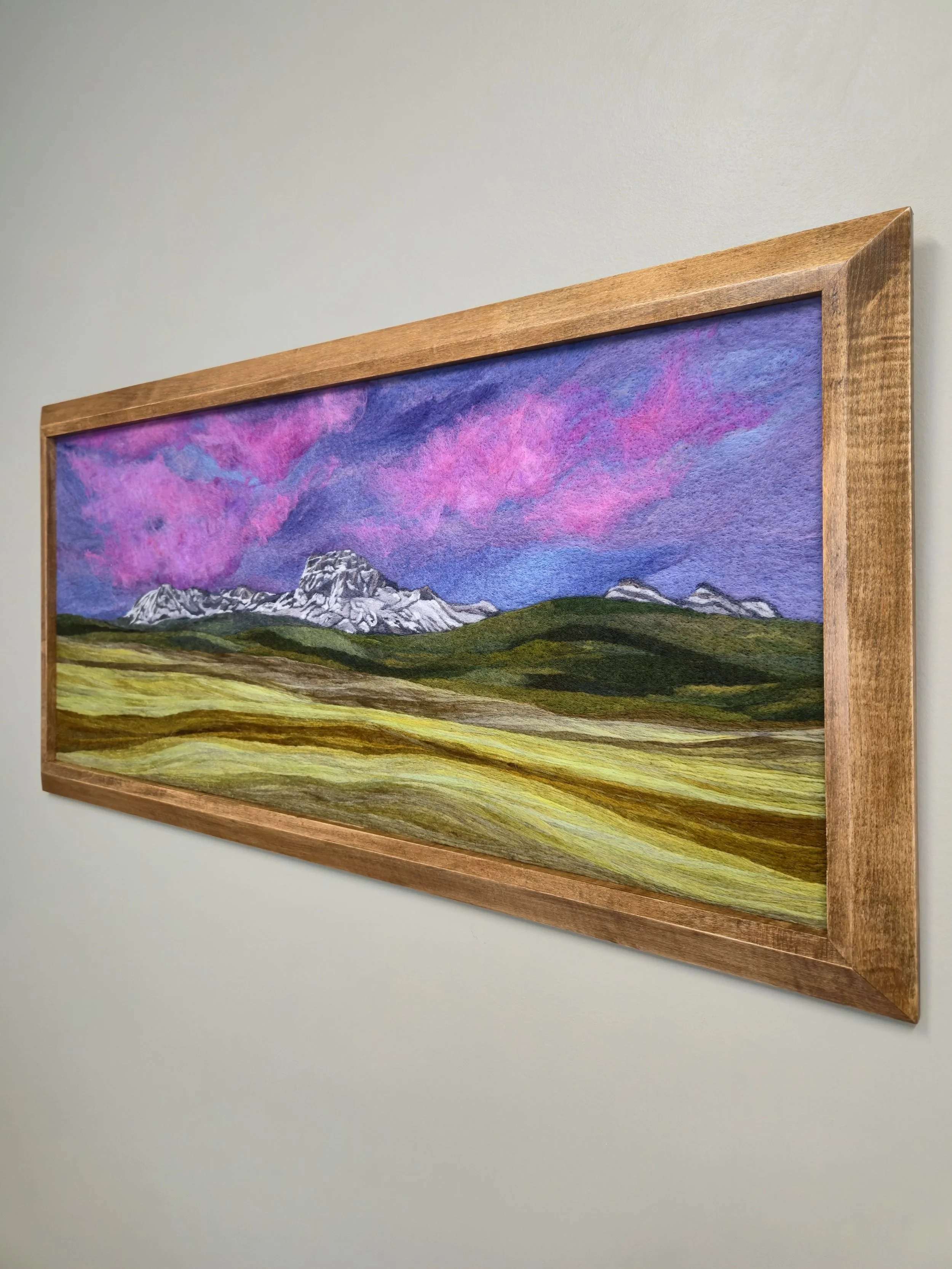 Sundown Over Chief Mountain
Needle felted wool, custom maple frame
$5,000
