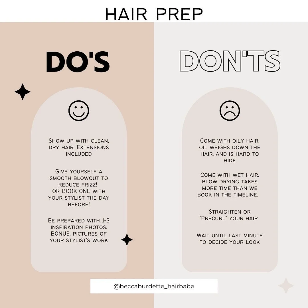 HAIR PREP 101! 
Also included in bridal prep email, given to each and every one of my brides🤍
Save and follow these tips anytime you are getting your hair styled!
Let me know if I forgot anything.