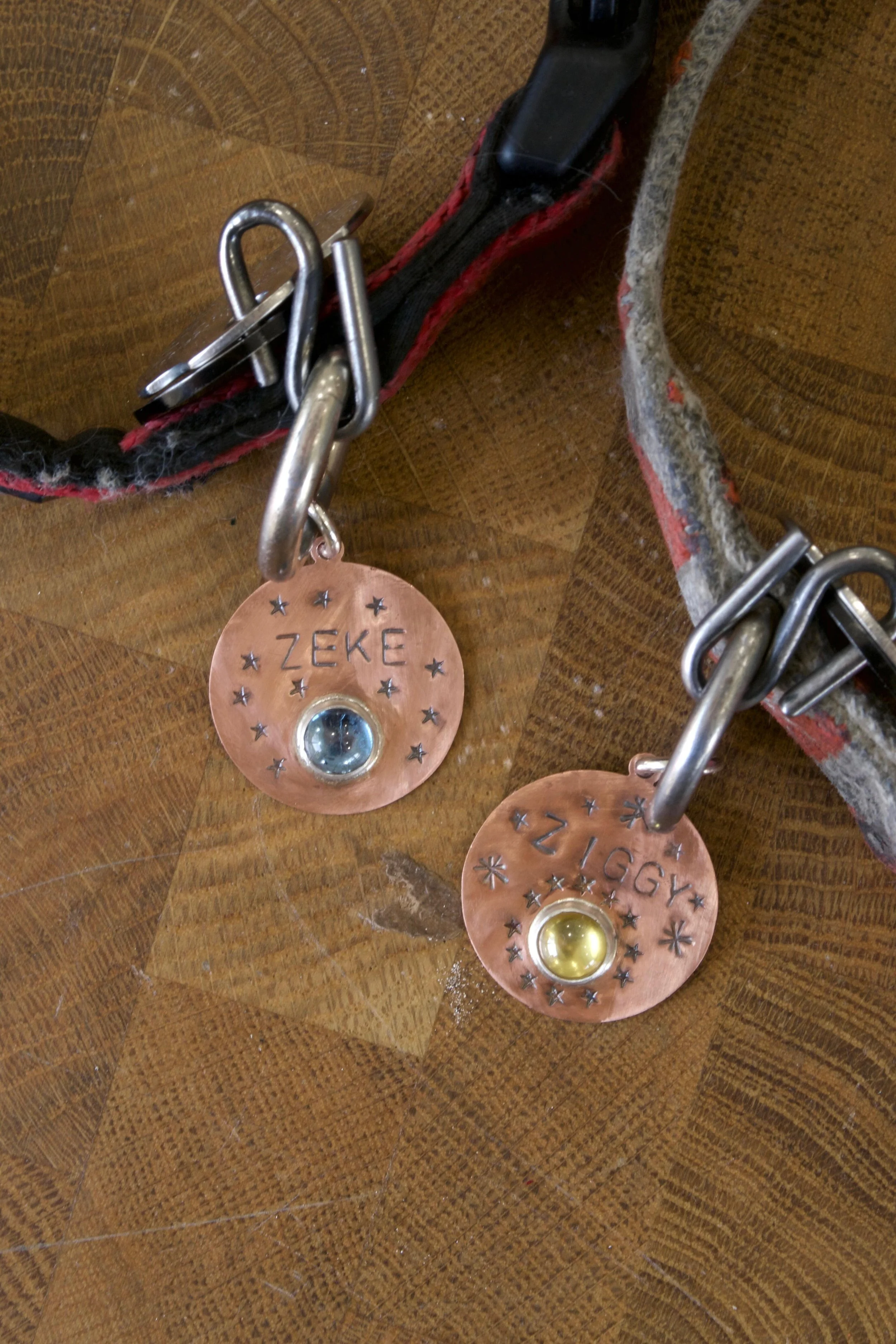 Close-up of two copper-colored dog tags with stamped stars and round stones. They engraved text reads "Ziggy" one one and "Zeke" on the other black. They are clipped to dog collars and lie on a wooden surface.