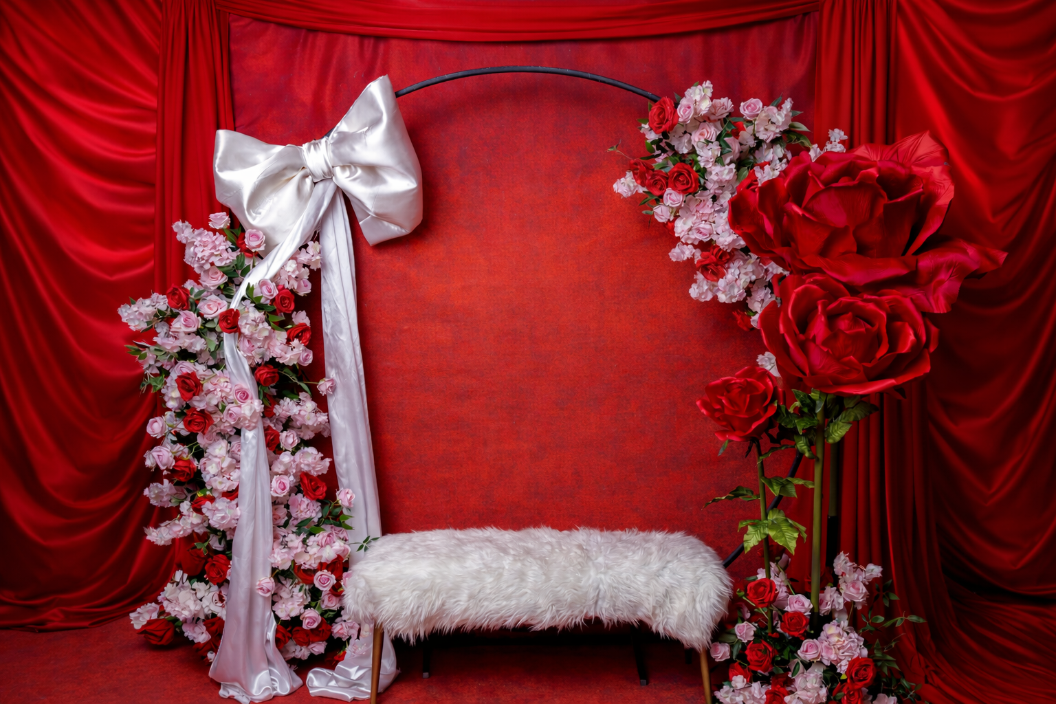 A decorated wedding or event backdrop featuring red curtains, a white fur-covered bench, a floral arch with pink and red roses, and a white satin ribbon tied in a bow.