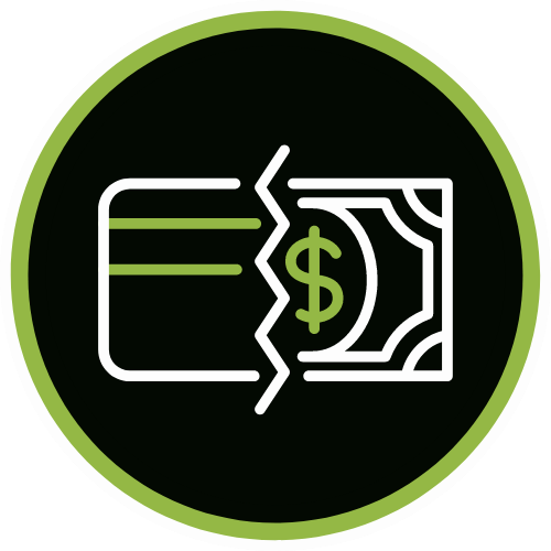 Icon of a credit card splitting into a dollar bill.