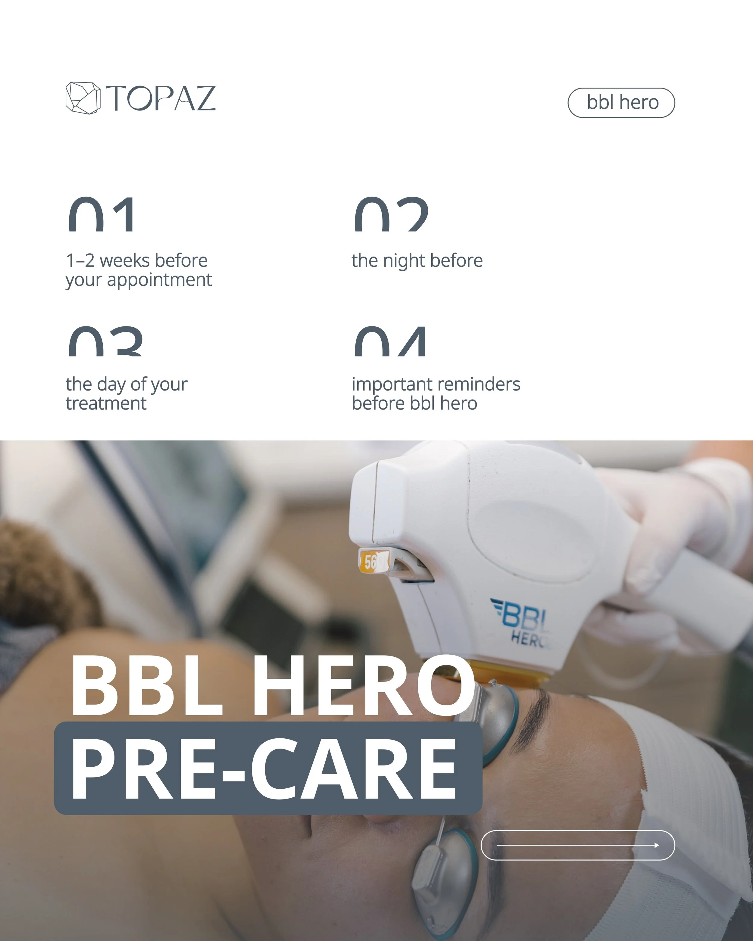 Your results start before the treatment even begins.

Preparing your skin properly before BBL HERO helps maximize results, reduce sensitivity, and support a smoother recovery process.
Simple steps like avoiding sun exposure, retinol, and active ingre