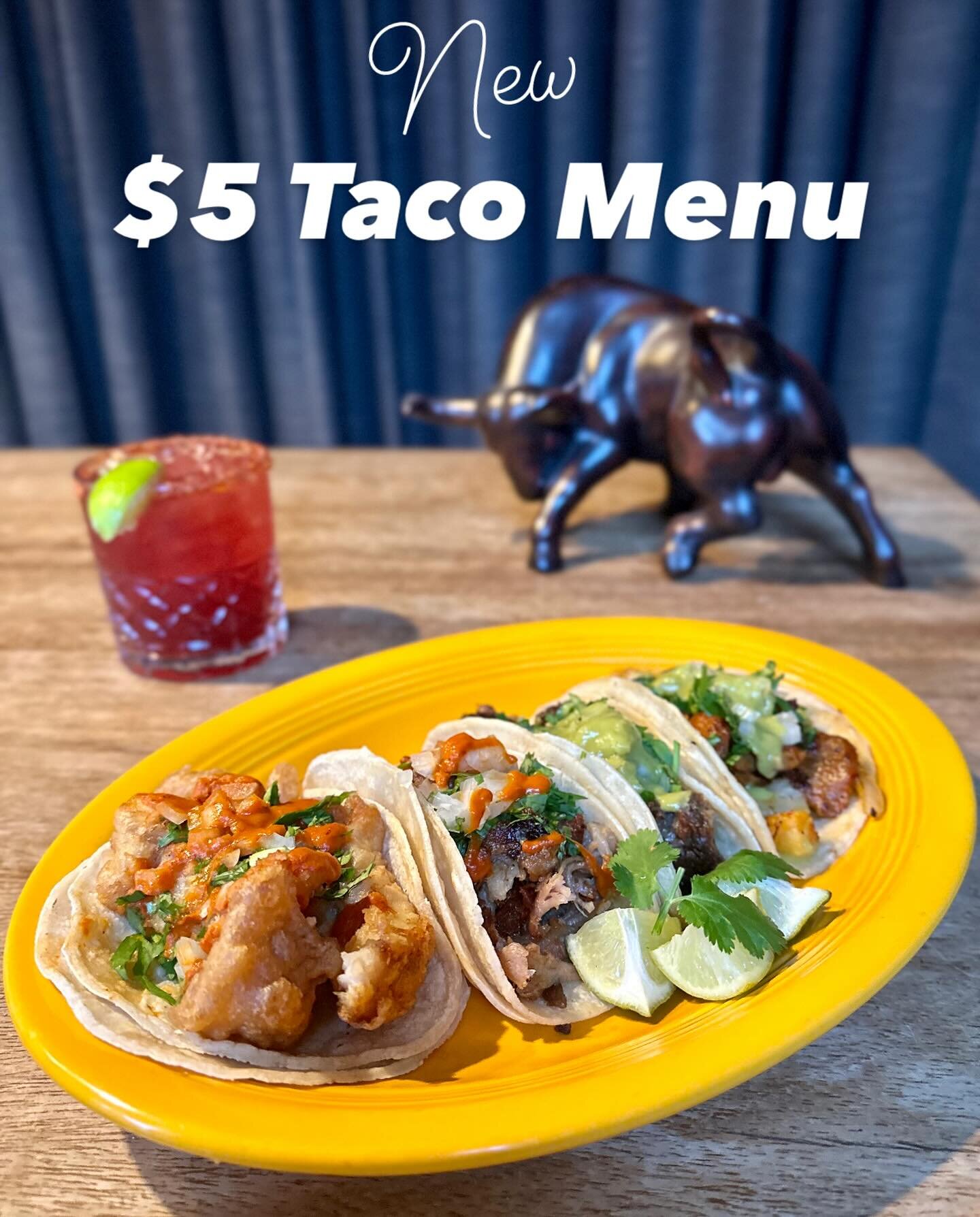 New $5 TACO MENU! All tacos can now be ordered solo for $5 anytime. This is a chance to order small and try more off the menu 🌮. Family-style, build your own tacos are still available too :)

Come belly up to the bar, grab a taco or two and a margar