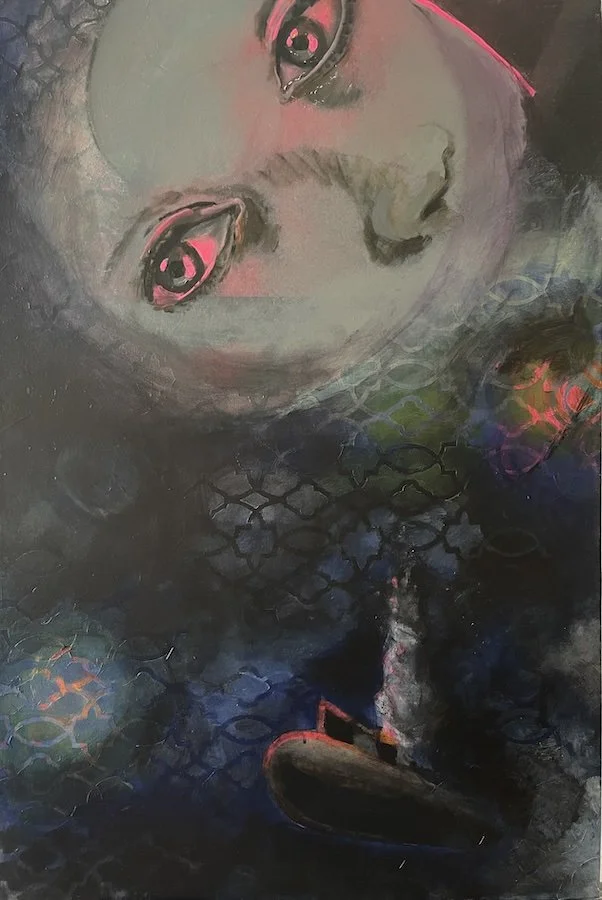 Woman's face in murky water with submarine