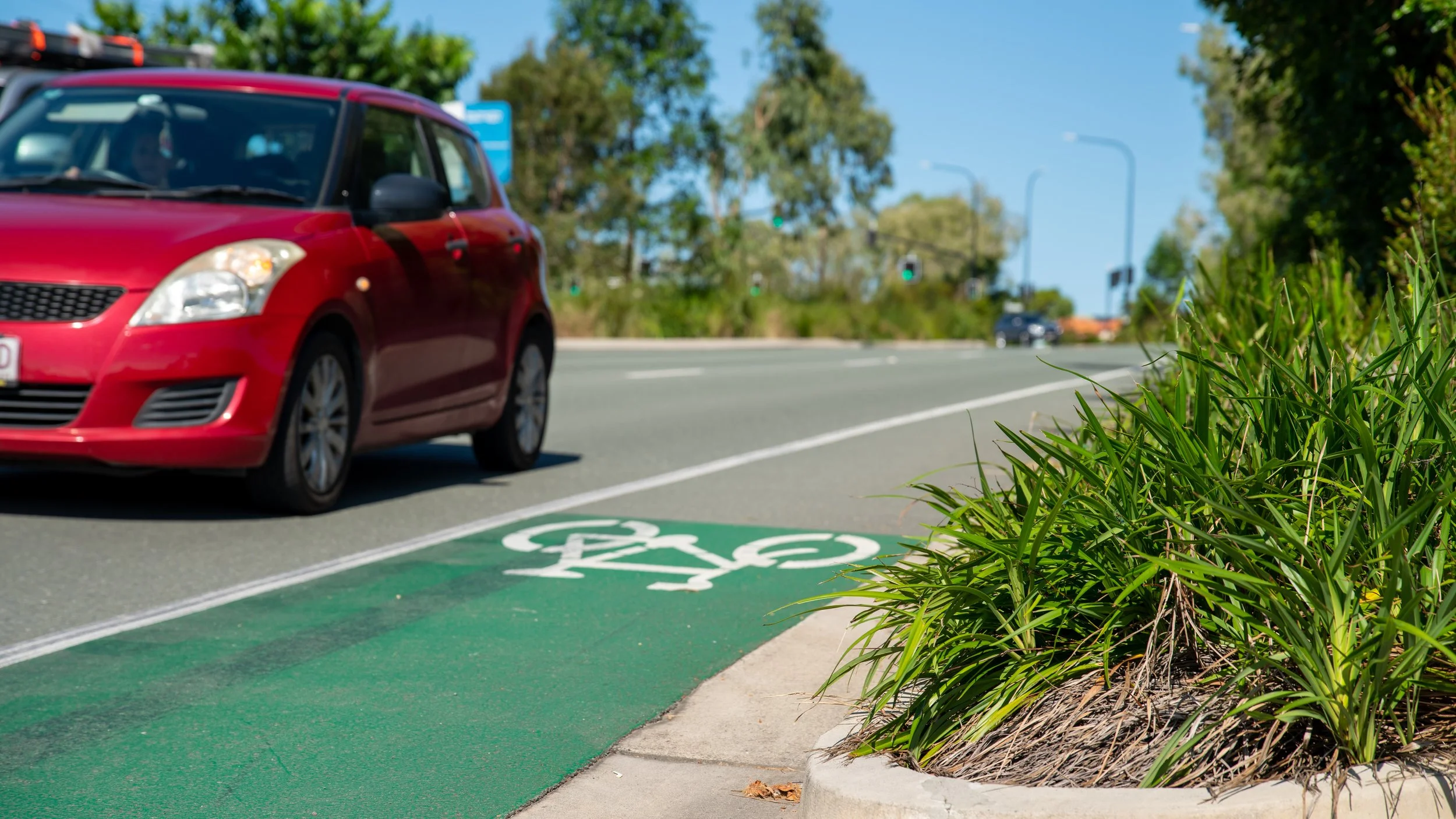 A red car passes a bike lane marked with a green bicycle symbol on the pavement, with a grassy area and trees on the right side of the street.