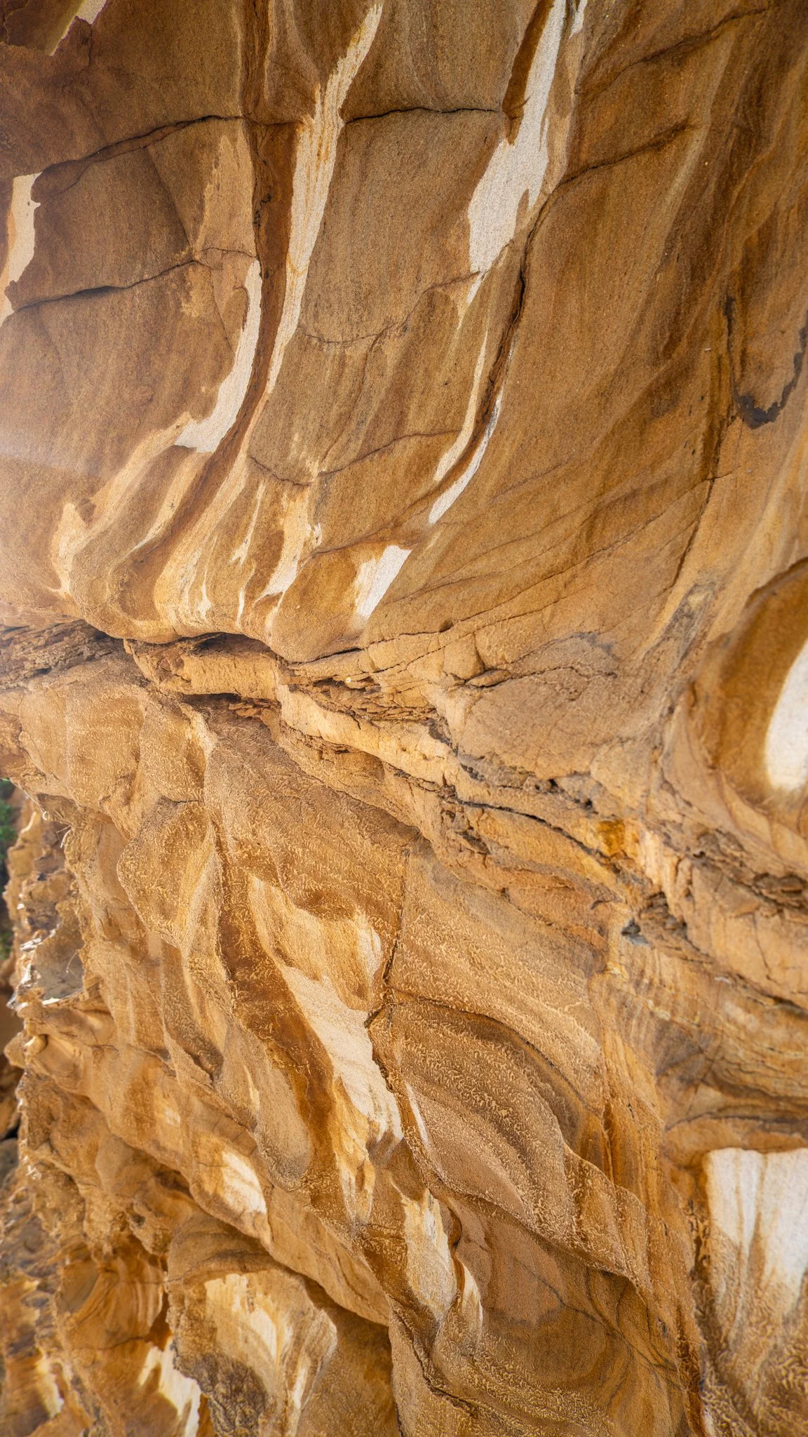 Close-up view of layered rock formations in shades of brown and tan.