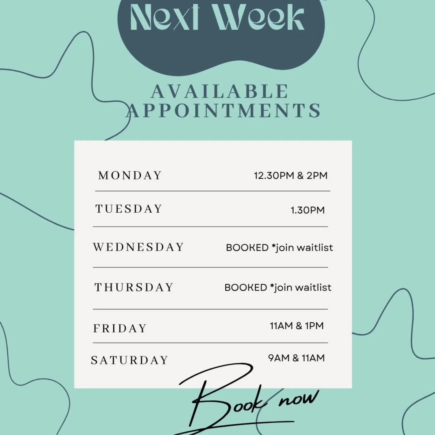 Extra appointments !!! 

Heidi is offering a few extra days of availability in the weeks to come ahead of her NZ adventure in July 🛩

We are open on Monday (Labour Day) and she has a couple of spots left next Saturday too. If after hours appointment