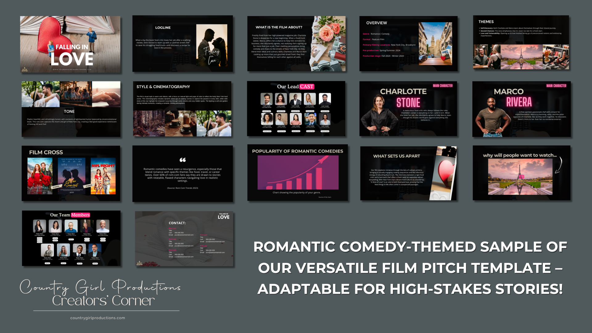 Demonstration images for genres are for illustrative purposes only and not included in the the pitch template.