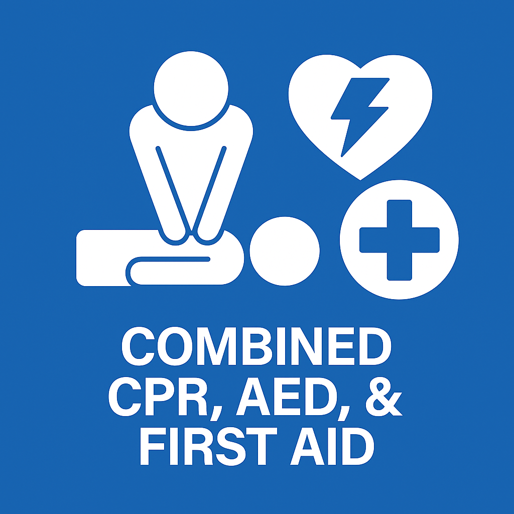 Illustration of CPR, AED, and first aid icons on a blue background with text "Combined CPR, AED, & First Aid."
