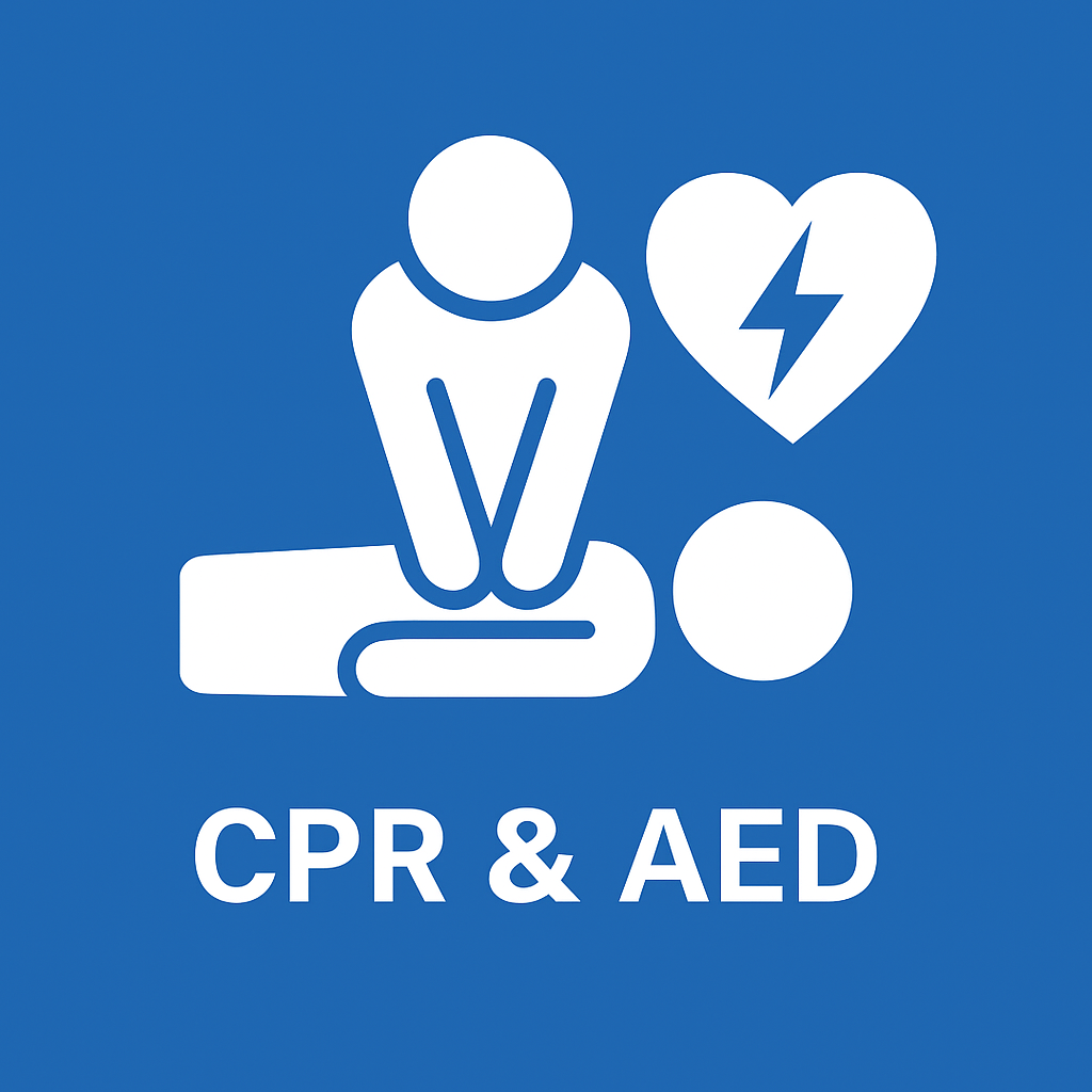 Icon showing CPR and AED, with a person performing chest compressions and a heart symbol with a lightning bolt.