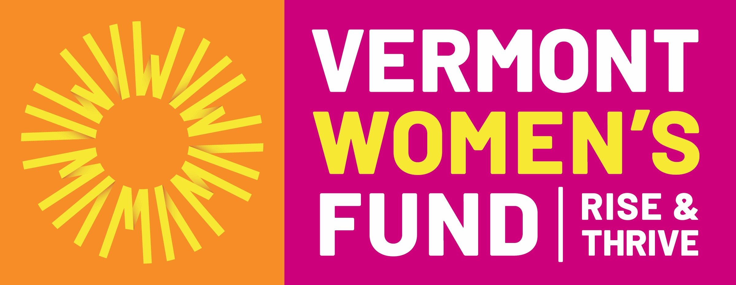 Vermont Women's Fund logo with a stylized sunburst design and the words 'Vermont Women's Fund Rising & Thriving' in white and yellow on a pink background.