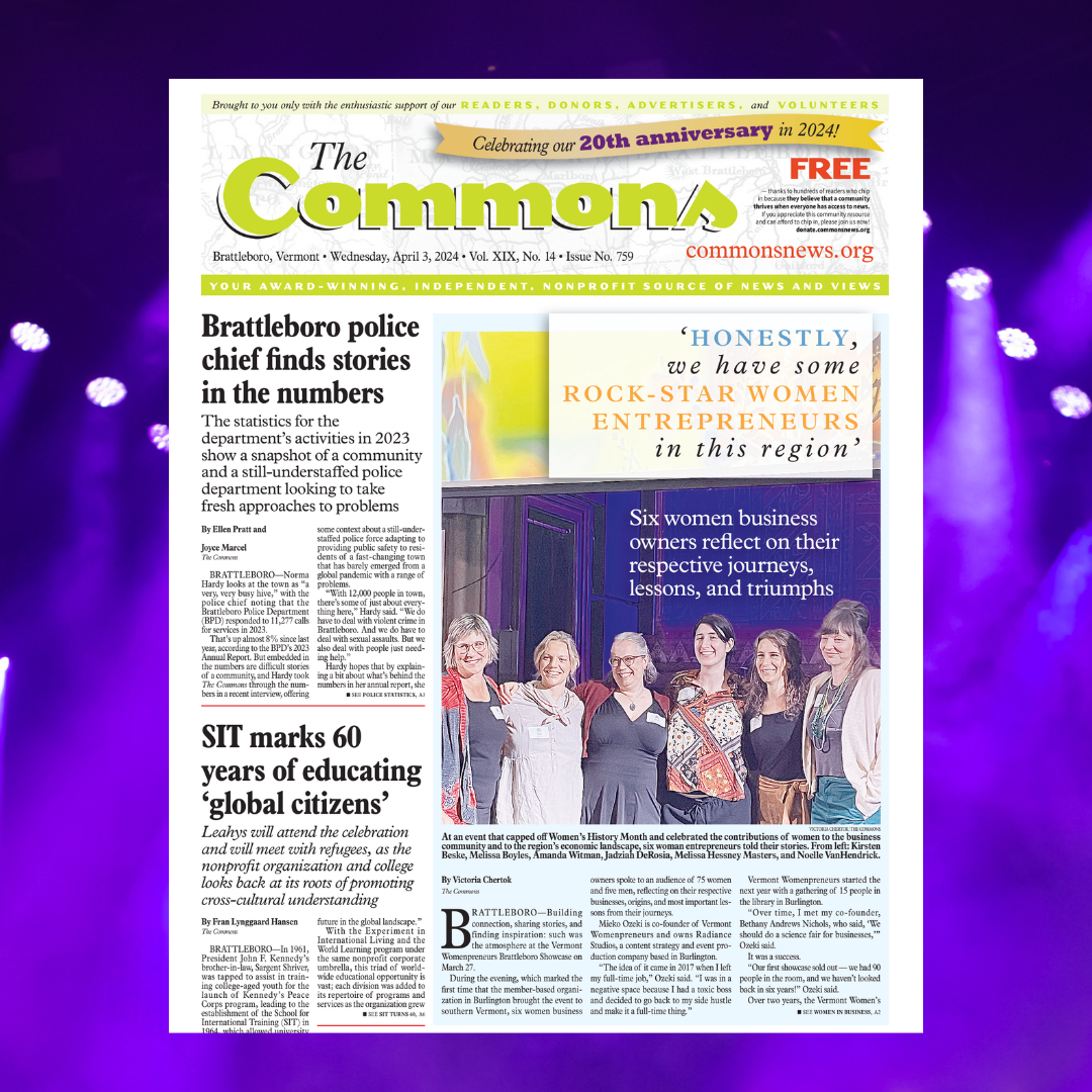 Front page of The Commons newspaper, dated April 3, 2024, featuring articles about local police statistics, women entrepreneurs, and a 60-year anniversary of educating global citizens, with a colorfully designed masthead and a group photo of women entrepreneurs.