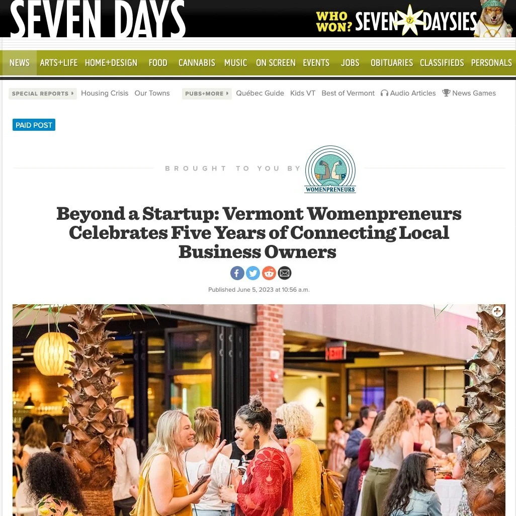 Vermont Womenpreneurs celebrating five years of connecting local business owners at an indoor event with palm trees and warm lighting, showing diverse women engaged in conversation.