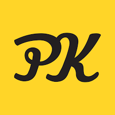 Yellow background with black stylized letters 'PK' in the center.