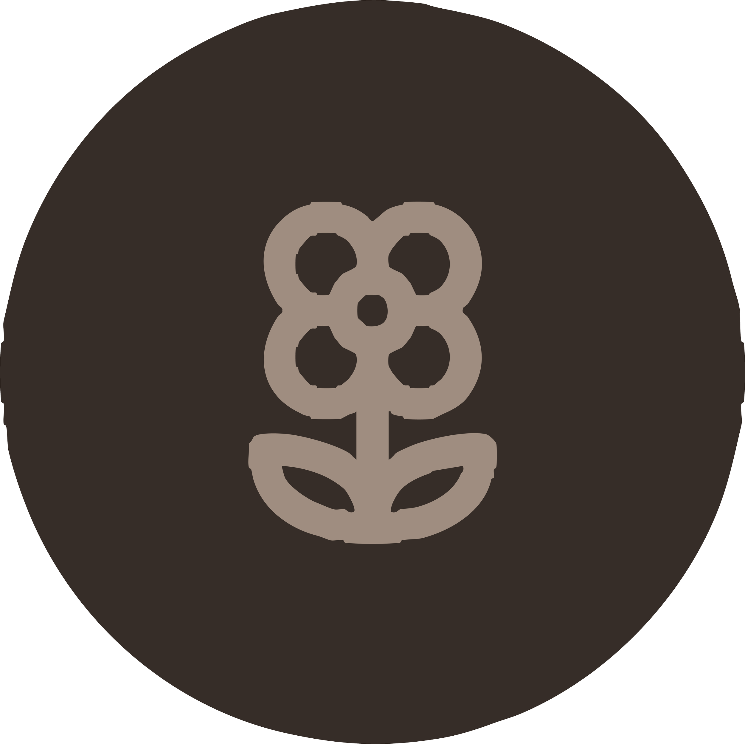 Stylized beige flower with four petals and two leaves, on a dark circular background.