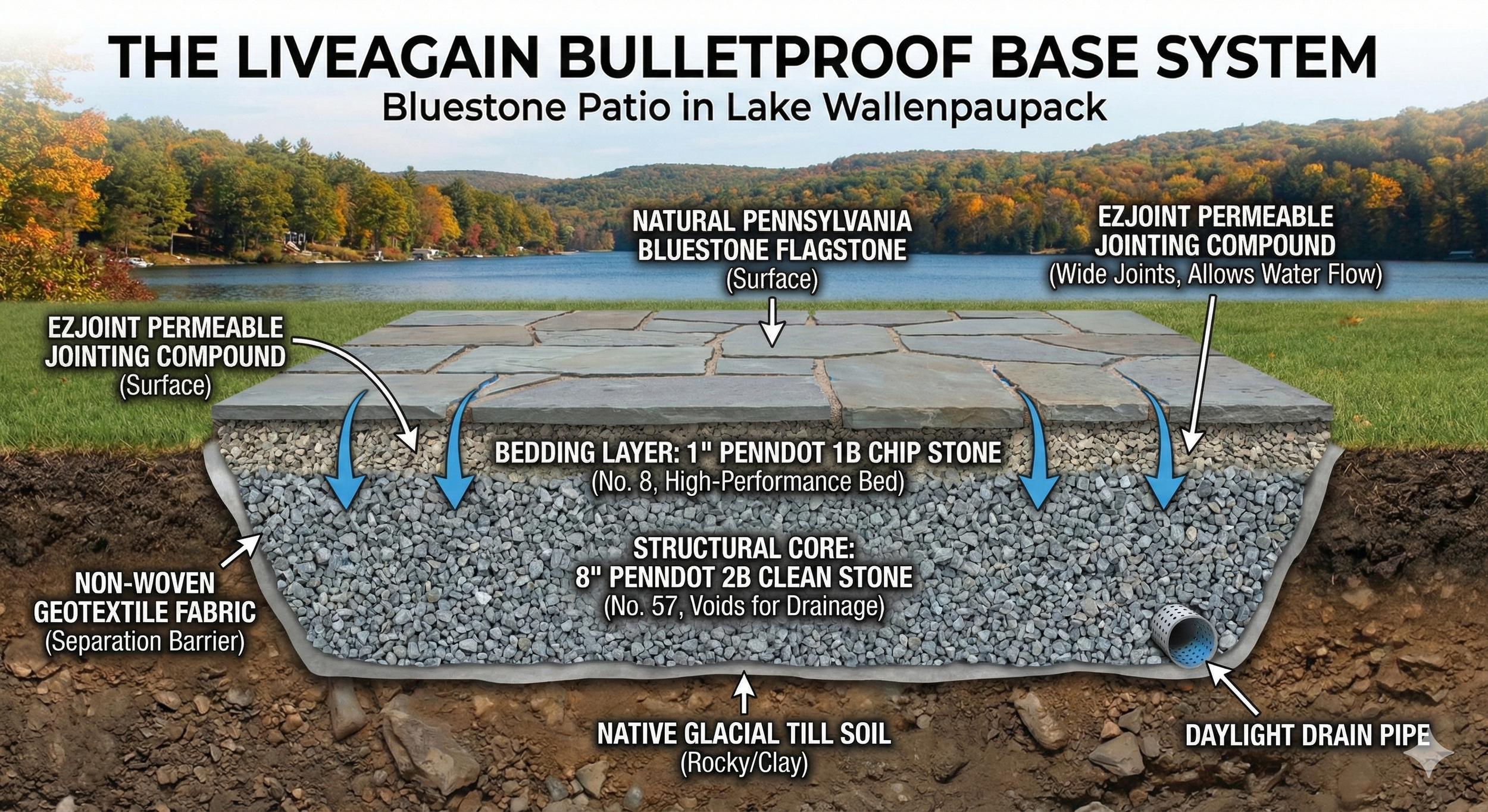 Diagram of a bulletproof base system with layers including native glacial till soil, structural core of clean stone, bedding layer of chip stone, geotextile fabric separation barrier, and Bluestone patio surface, with water flow drainage pipes.
