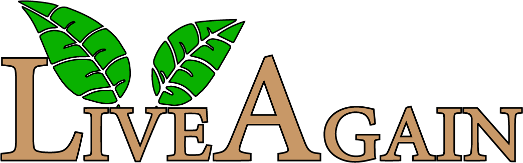 Graphic with the words "Live Again" and two green leaves above the text.
