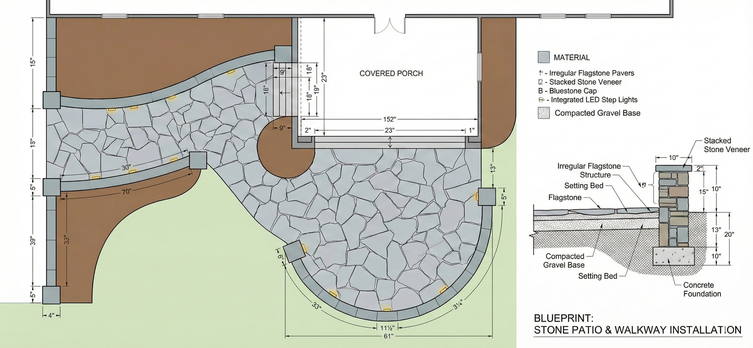 Blueprint for stone patio and walkway installation showing patterned stone surfaces, flagstone structures, setting beds, gravel base, stacked stone veneer, and concrete foundation, with detailed measurements and material legend.