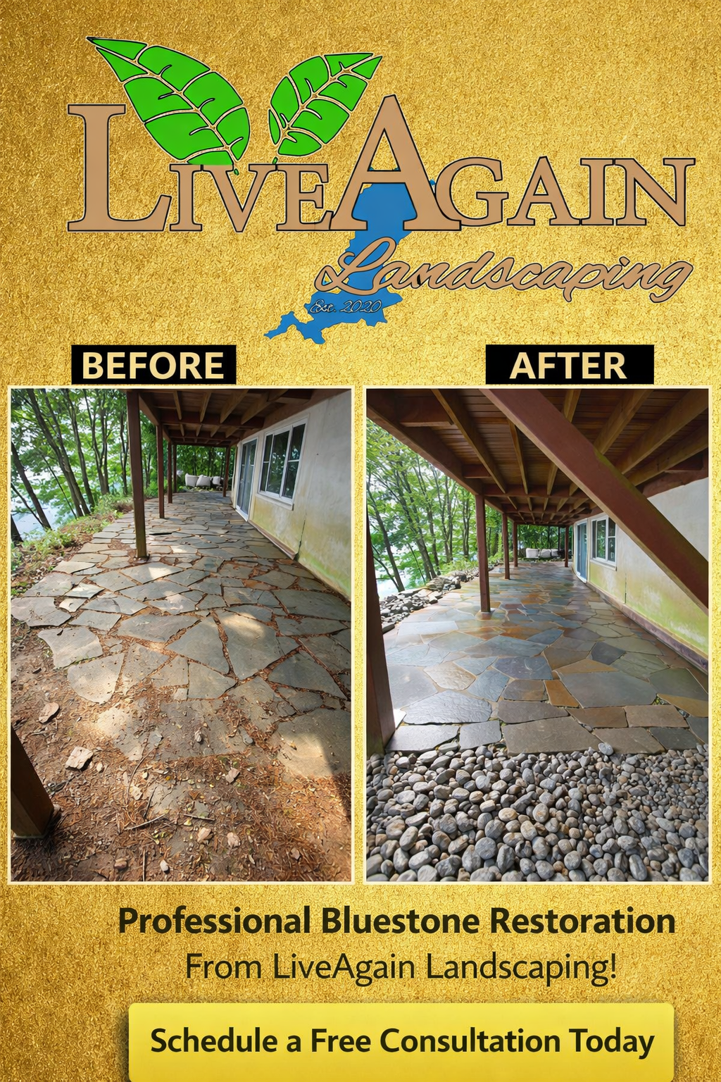 Side-by-side comparison of a weathered bluestone patio restoration versus a cleaned and sealed finish on a Lake Wallenpaupack property