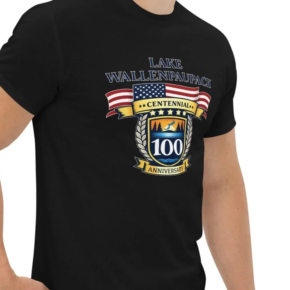 Black T-shirt with a commemorative logo for Lake Wallenpaupack's 100th anniversary, featuring the American flag, a scenic nature graphic, and celebratory banners.