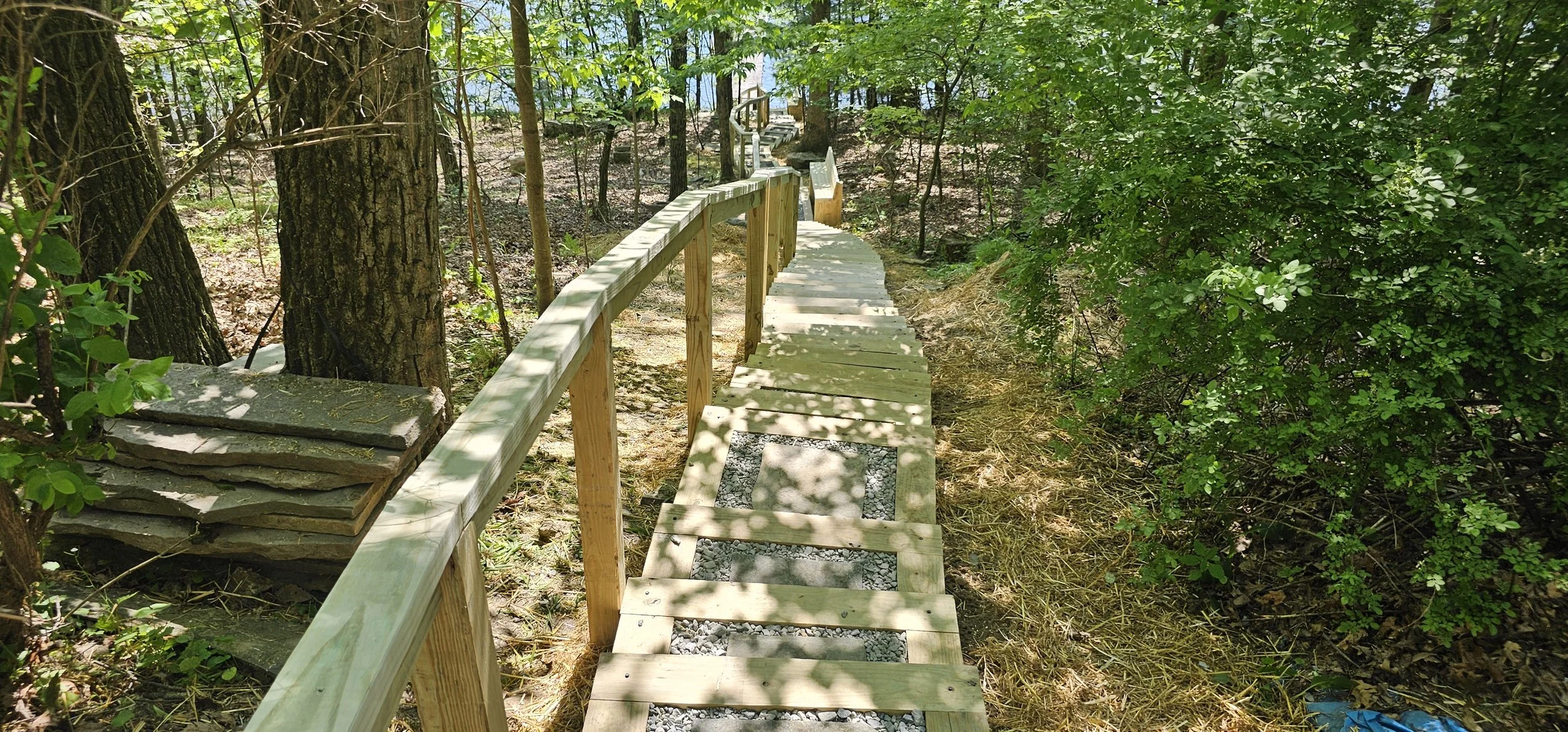 Pressure treated timber steps for lake access