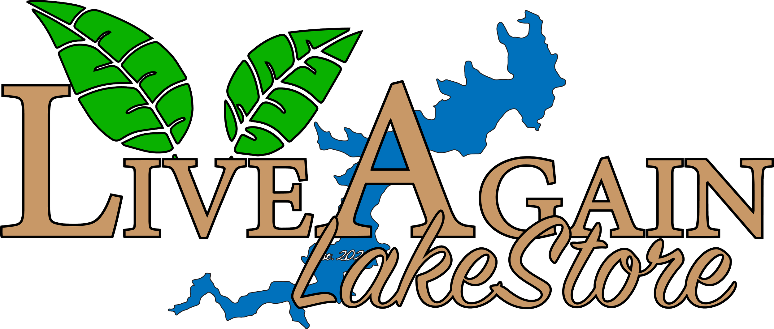 Graphic design with text 'LivedAgain LakeStore' with green leaves and a blue lake silhouette in the background.